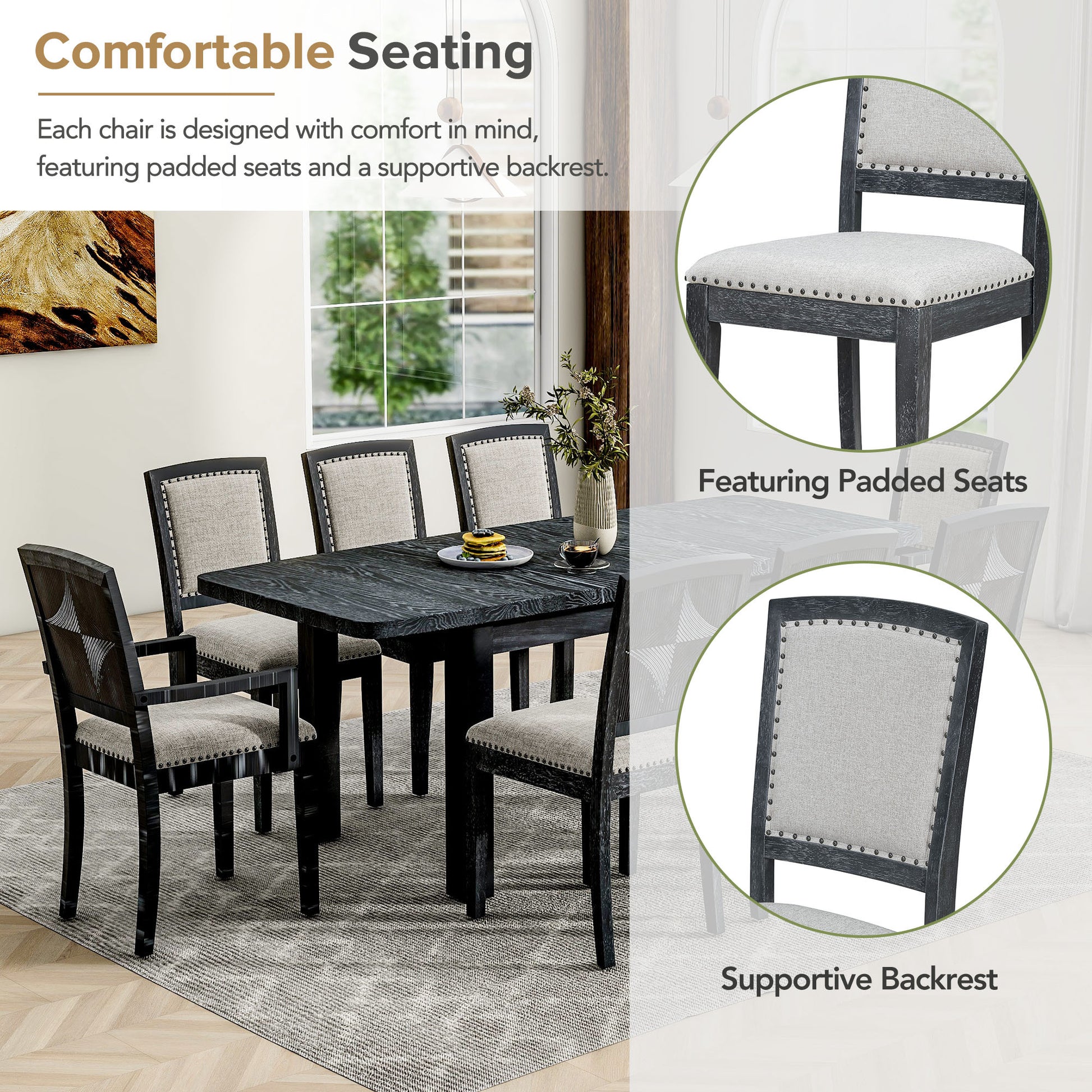 Rustic Extendable 84Inch Dining Table Set With 24Inch Removable Leaf6 Upholstered Armless Dining Chairs And 2 Padded Arm Chairs, 9 Pieces, Black Wood Dining Room Extendable Rubberwood Rectangular Dining Table With Chair Upholstered Chair Wood Black Gray