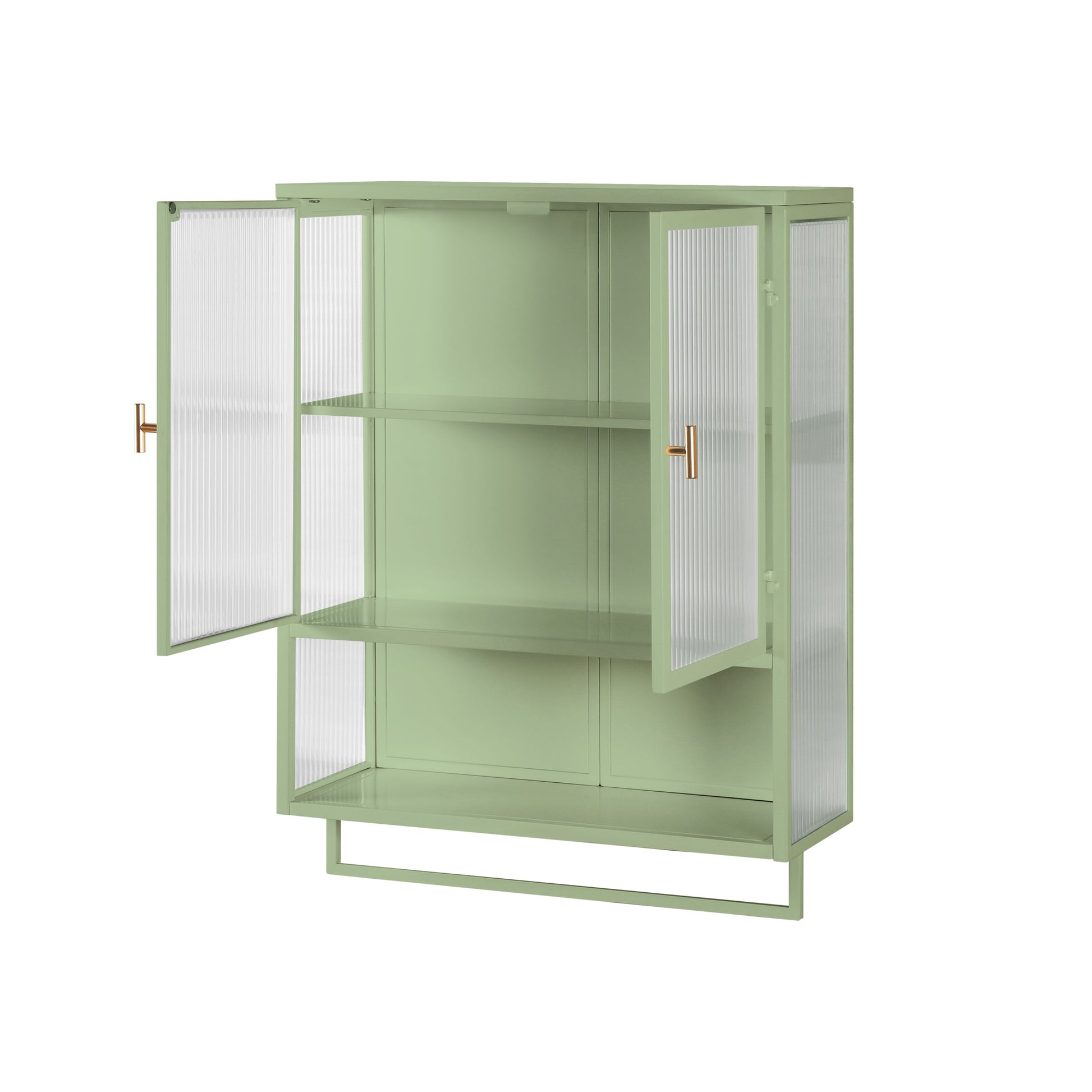 23.62"Glass Doors Modern Two Door Wall Cabinet With Featuring Two Tier Enclosed Storage, An Open Shelf, And Towel Rack, For Entryway Living Room Bathroom Dining Room,Green Green Glass Metal