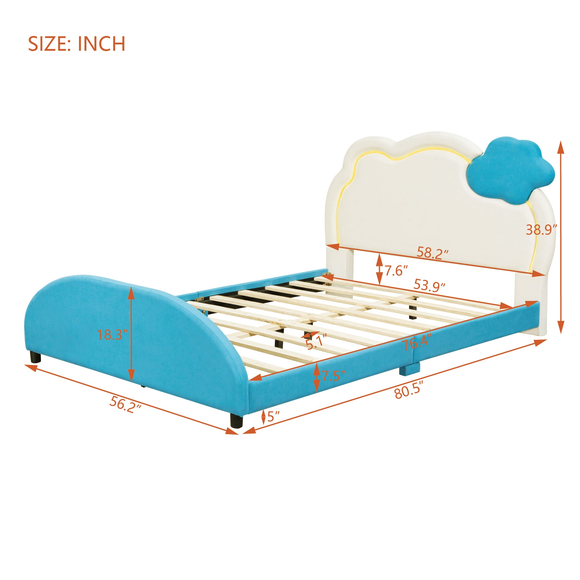 Full Size Upholstered Platform Bed With Cloud Shaped Headboard And Embedded Light Stripe, Velvet, Blue Blue Velvet