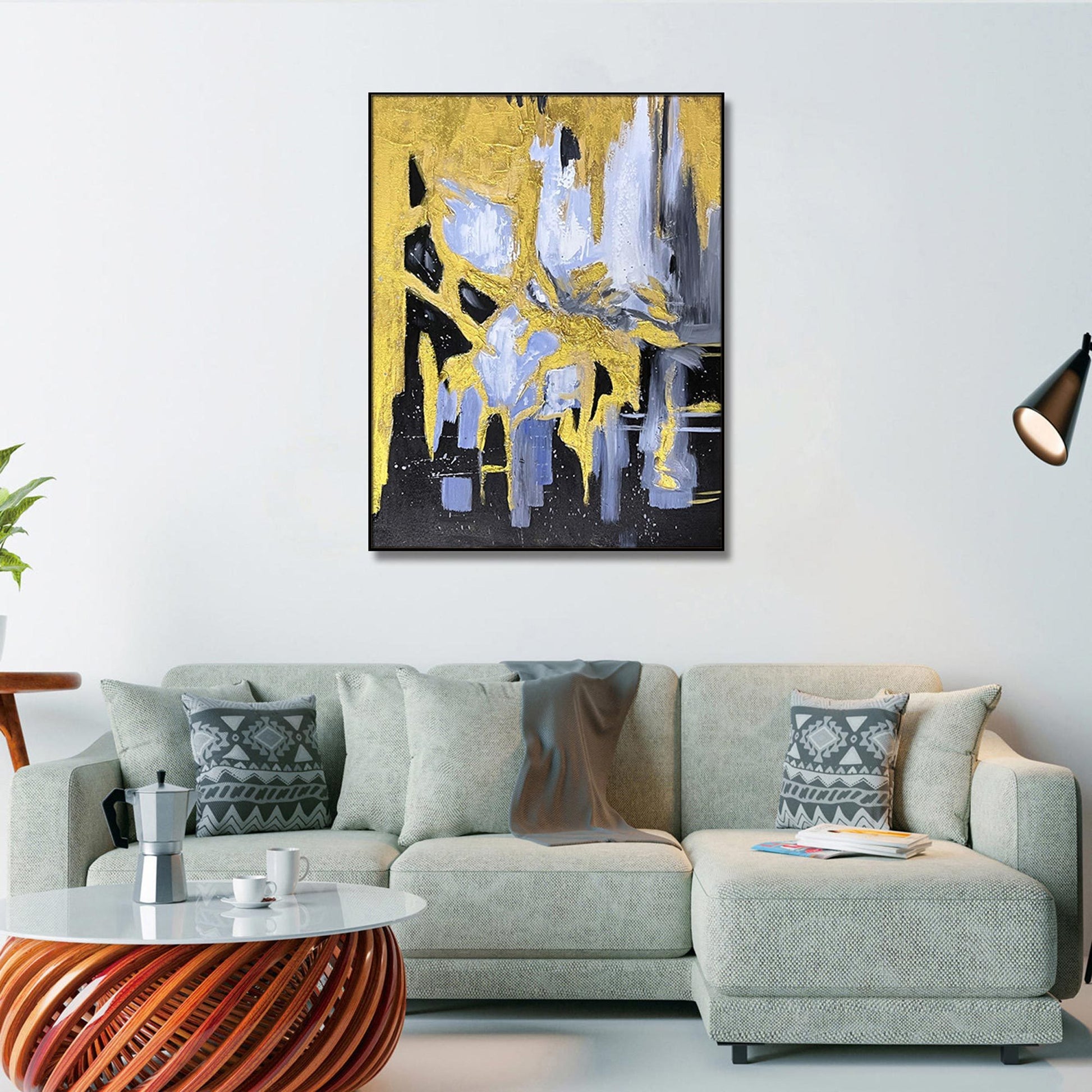 Home Hand Painted "Gilded Abstract Embrace" Oil Painting 40"H X 60"W Yellow Black Canvas