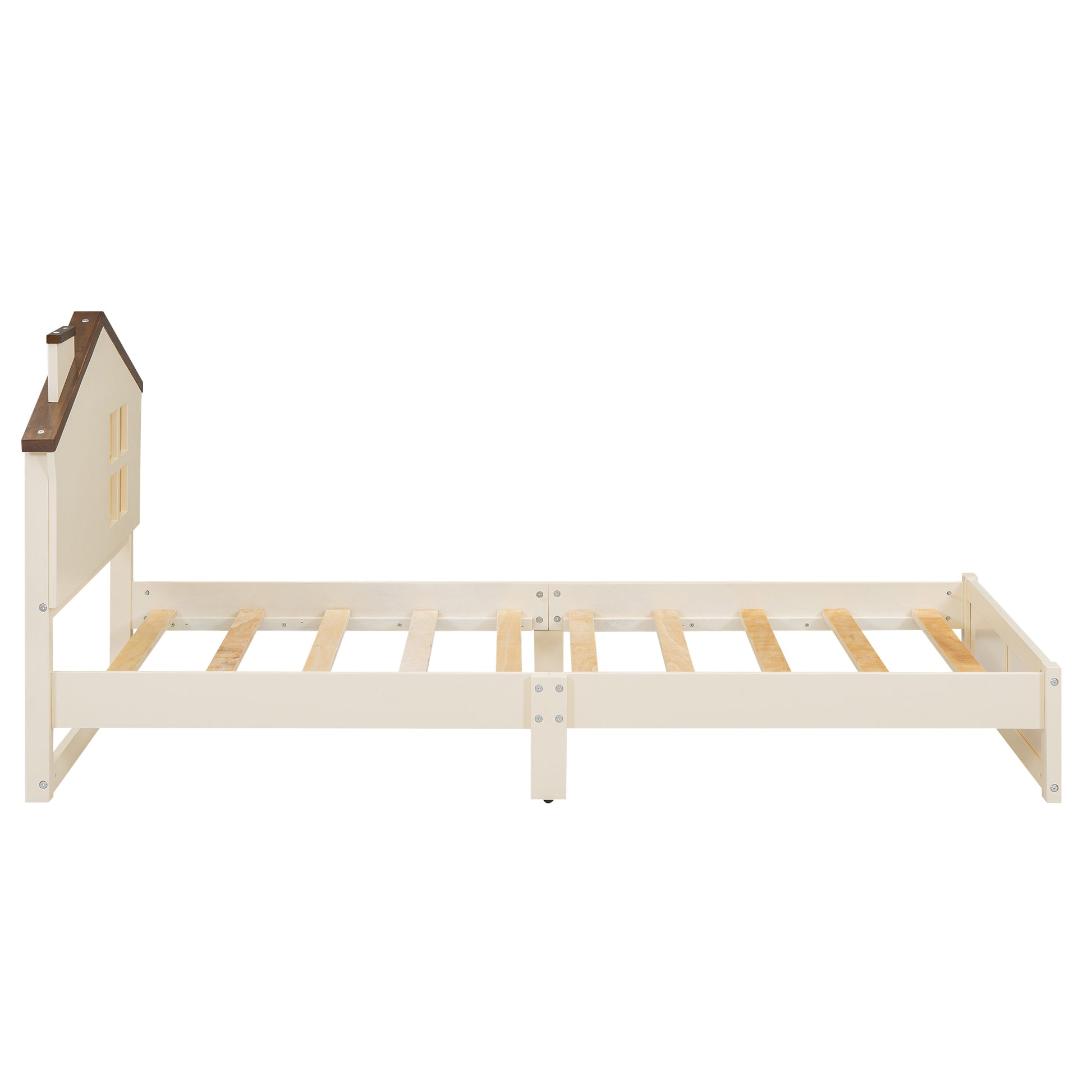 Twin Size Wood Platform Bed With House Shaped Headboard And Built In Led, Walnut Milk White Box Spring Not Required Twin White Wood Bedroom Solid Wood Mdf