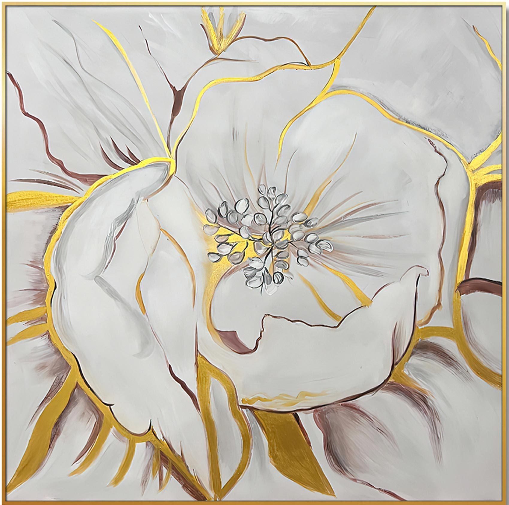 Home Hand Painted "Gilded Petal Perspective" Oil Painting 48"H X 48" W White Gold Canvas