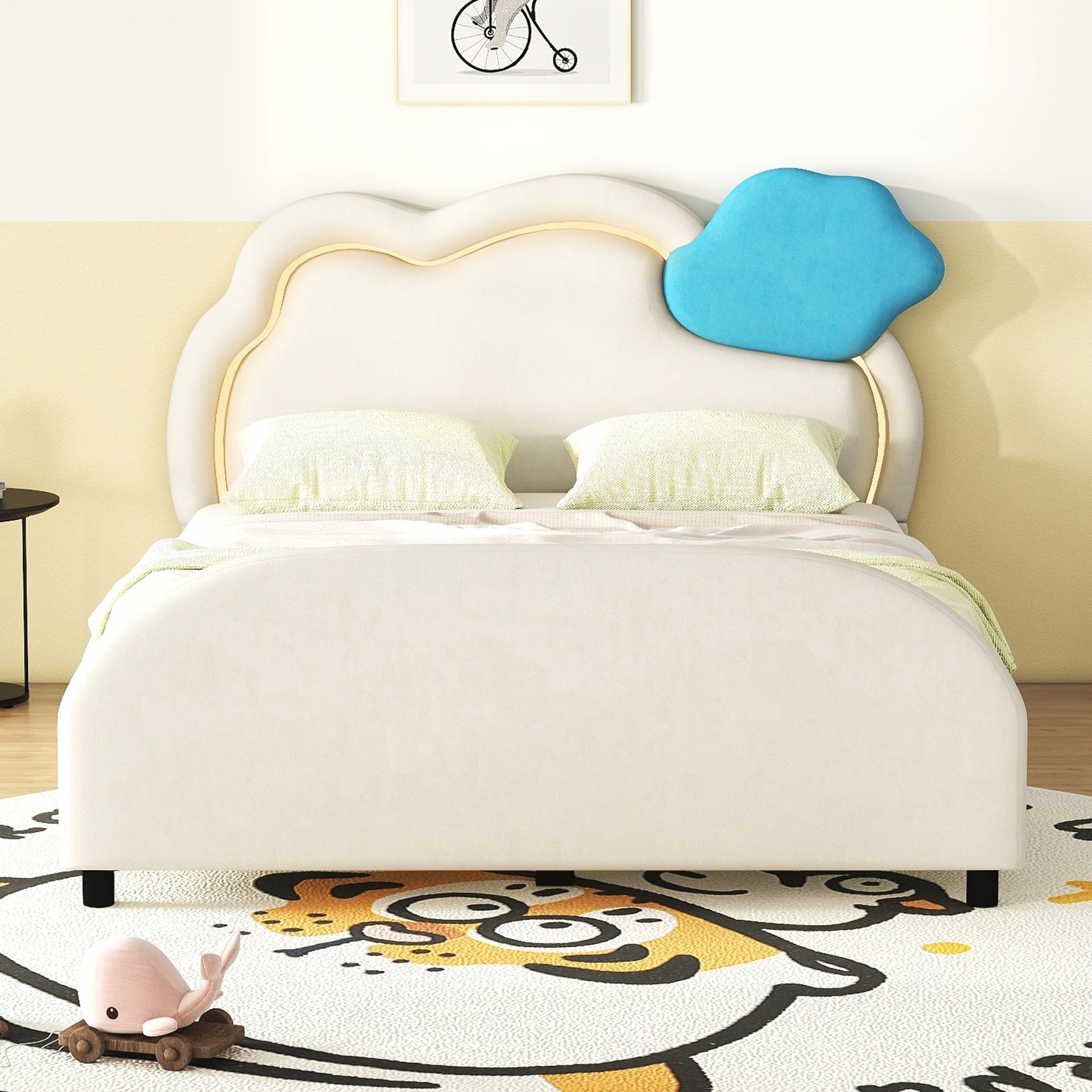 Full Size Upholstered Platform Bed With Cloud Shaped Headboard And Embedded Light Stripe, Velvet, Beige Beige Velvet
