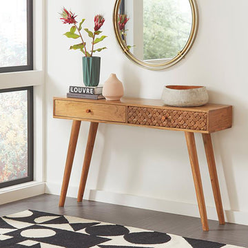 Natural Brown 2 Drawer Console Table Brown Primary Living Space Mid Century Modern Rectangular Drawers Console Tables Wood