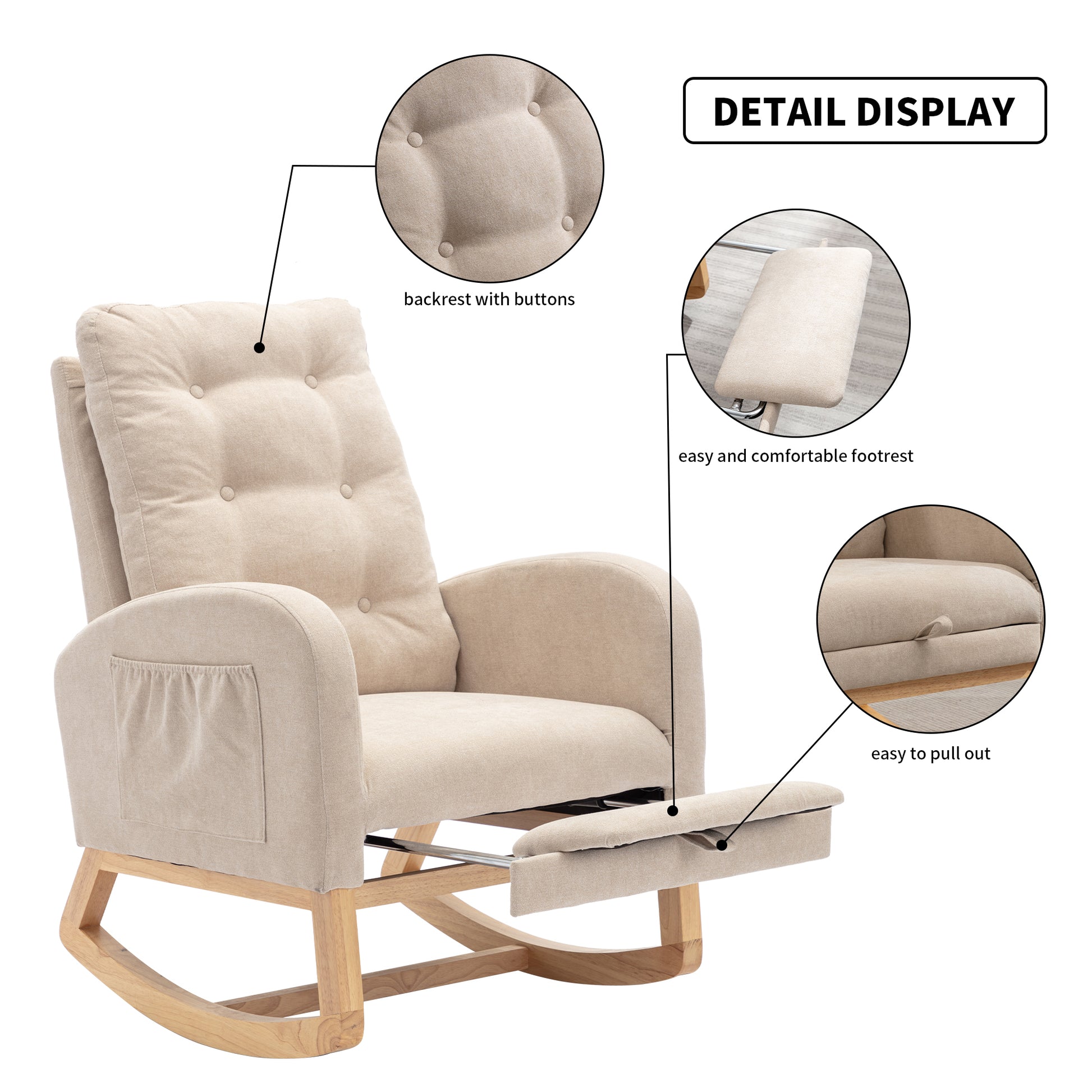 Accent Rocking Chair With Footrest High Back Rubber Wood Rocking Legs Bedroom Living Space26.77D X 38.36W X 39.76H Inch Beige Foam Spring