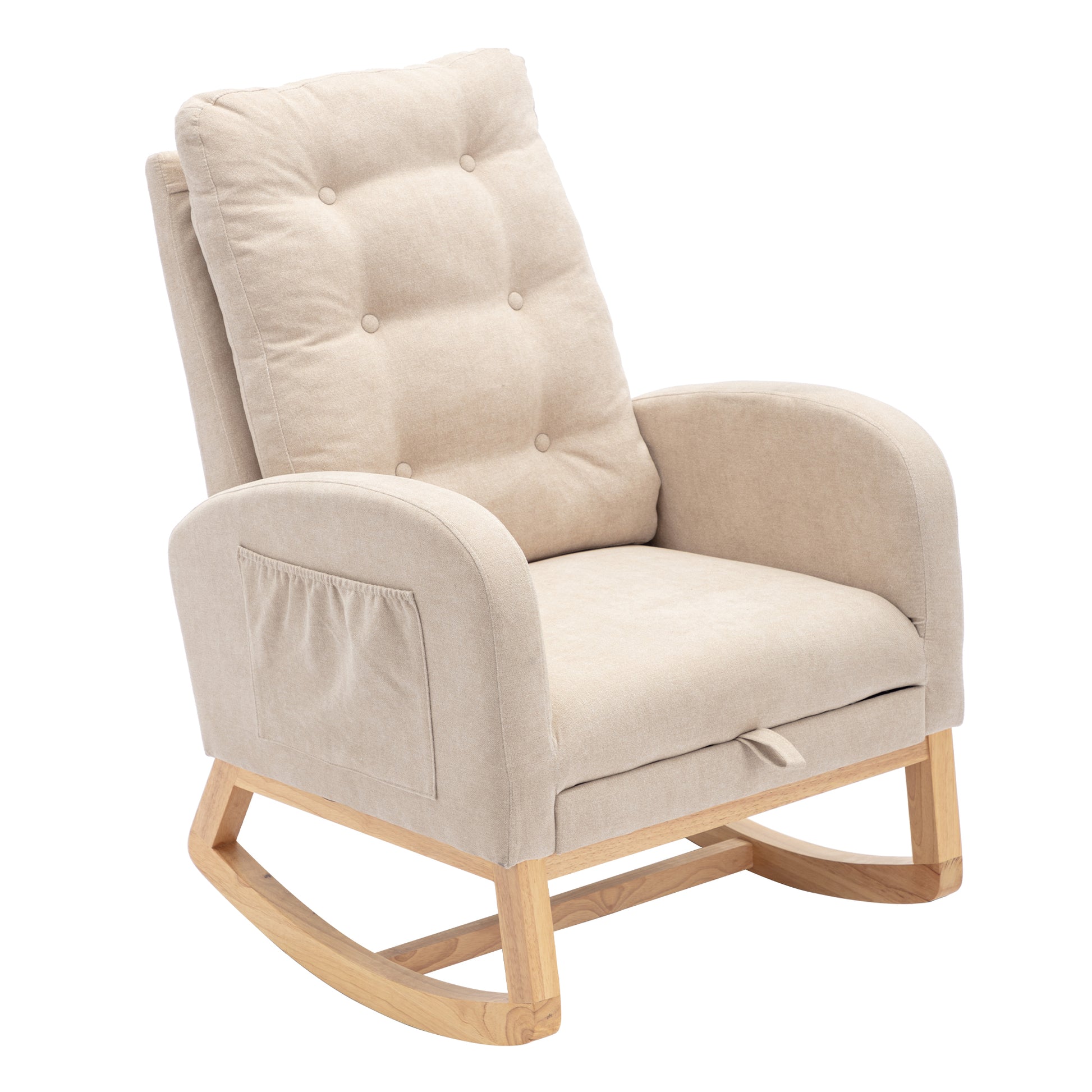 Accent Rocking Chair With Footrest High Back Rubber Wood Rocking Legs Bedroom Living Space26.77D X 38.36W X 39.76H Inch Beige Foam Spring