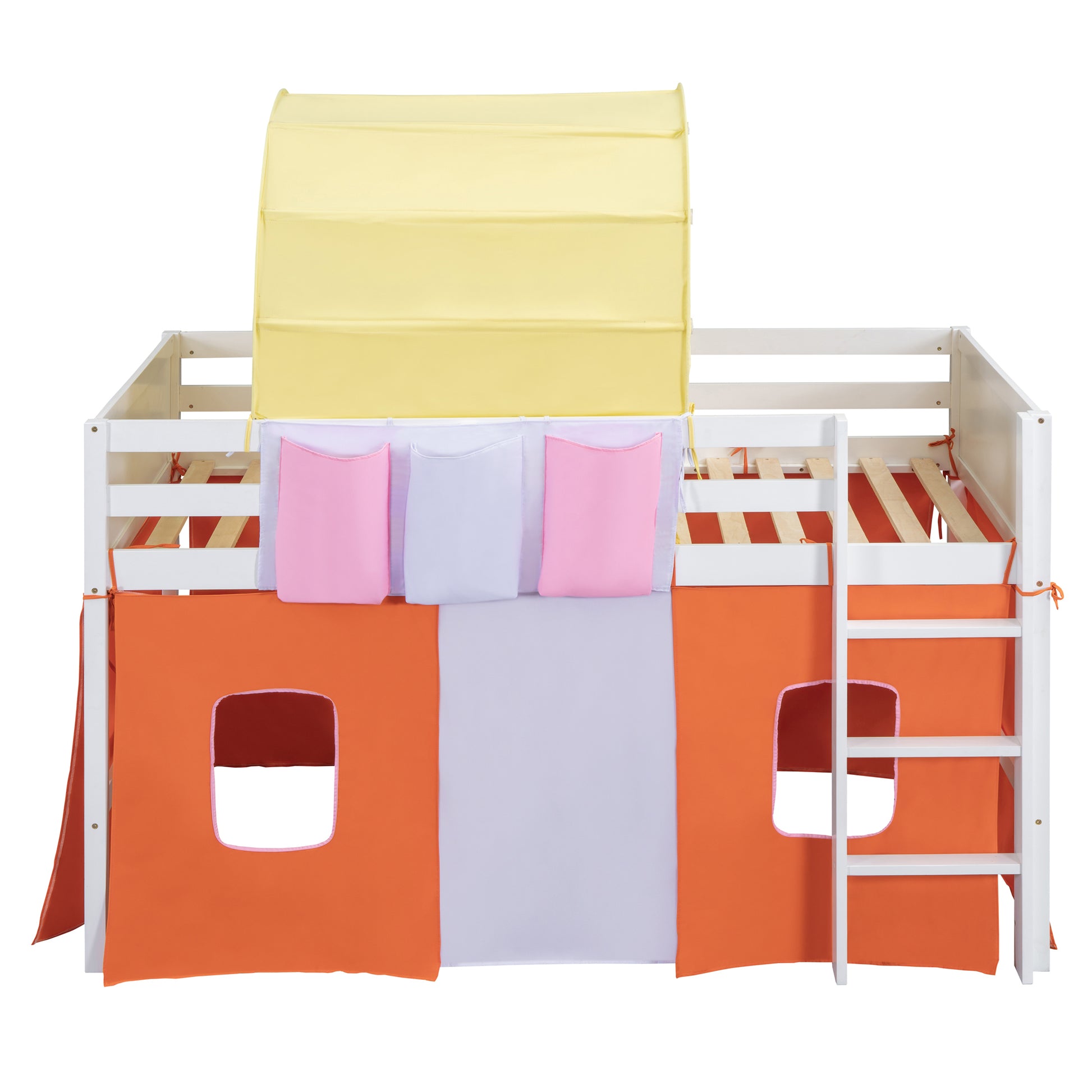 Twin Size Loft Bed With Tent And Tower And Three Pockets Orange Blue Solid Wood