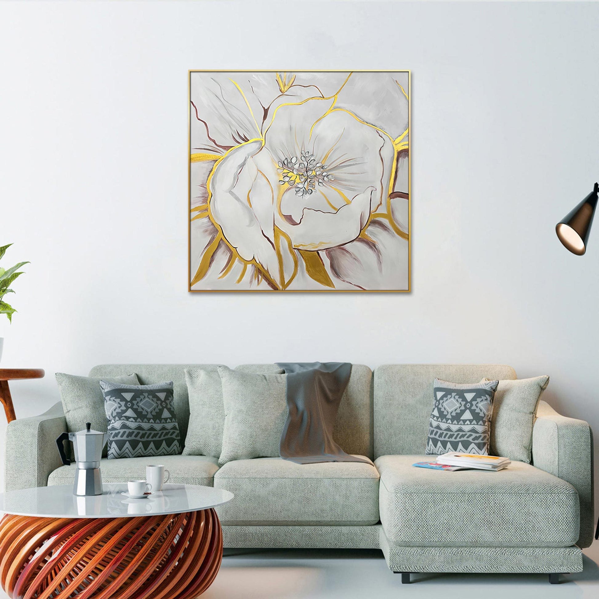 Home Hand Painted "Gilded Petal Perspective" Oil Painting 48"H X 48" W White Gold Canvas