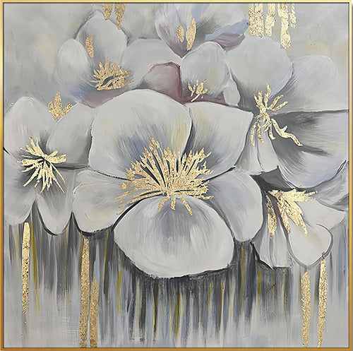 Home Hand Painted "Golden Anther Blossoms" Oil Painting 48"H X 48" W White Gold Canvas