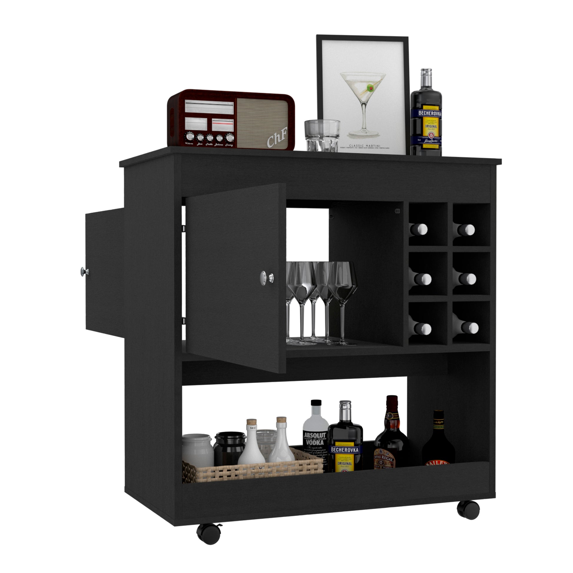 Lotus Bar Cart, Six Bottle Cubbies, One Cabinet, Four Casters, Black Black Particle Board Particle Board