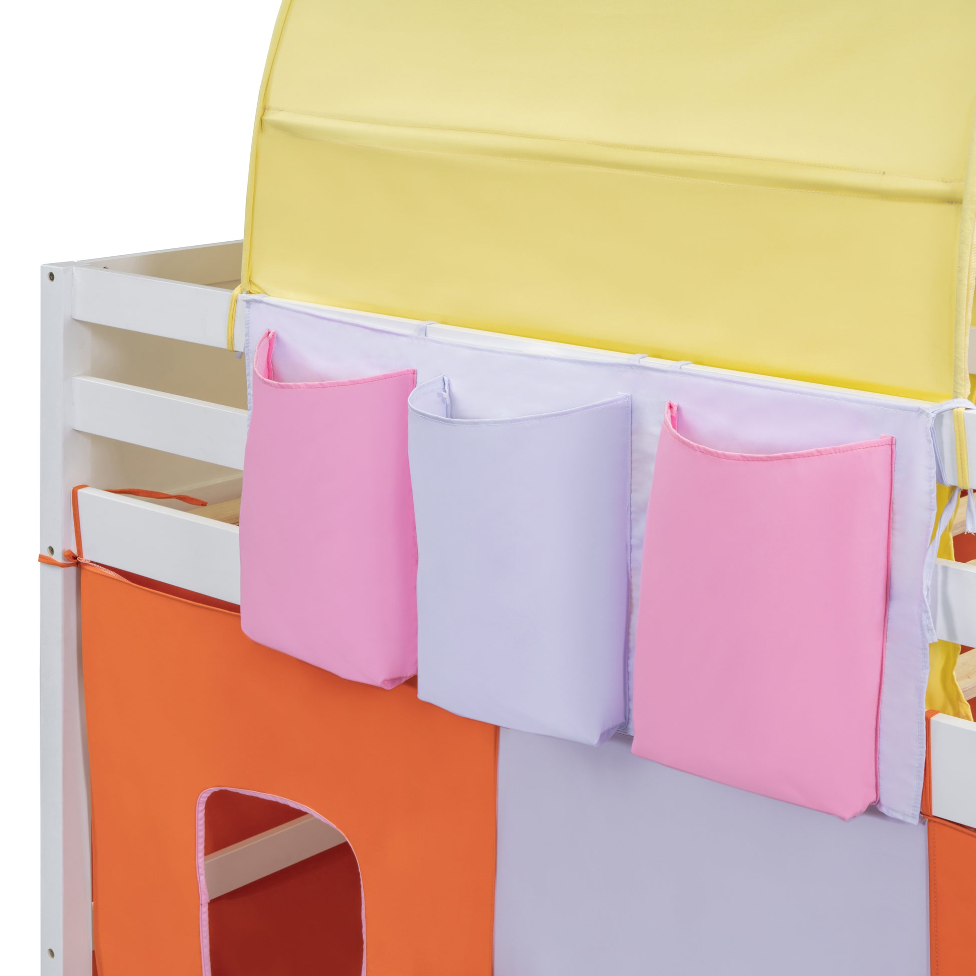 Twin Size Loft Bed With Tent And Tower And Three Pockets Orange Blue Solid Wood