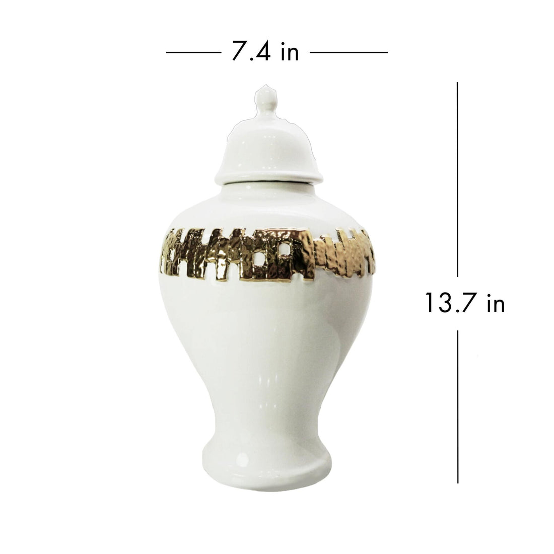 White Ginger Jar With Gold Ornament White Ceramic