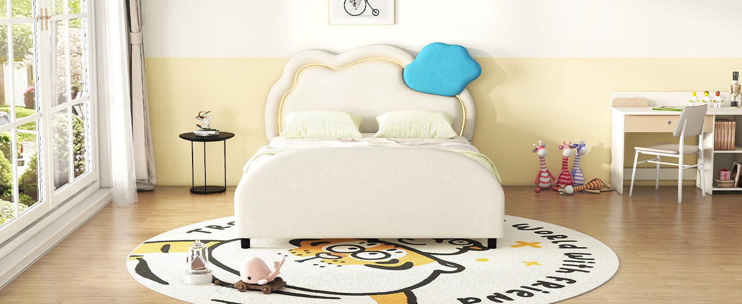 Full Size Upholstered Platform Bed With Cloud Shaped Headboard And Embedded Light Stripe, Velvet, Beige Beige Velvet