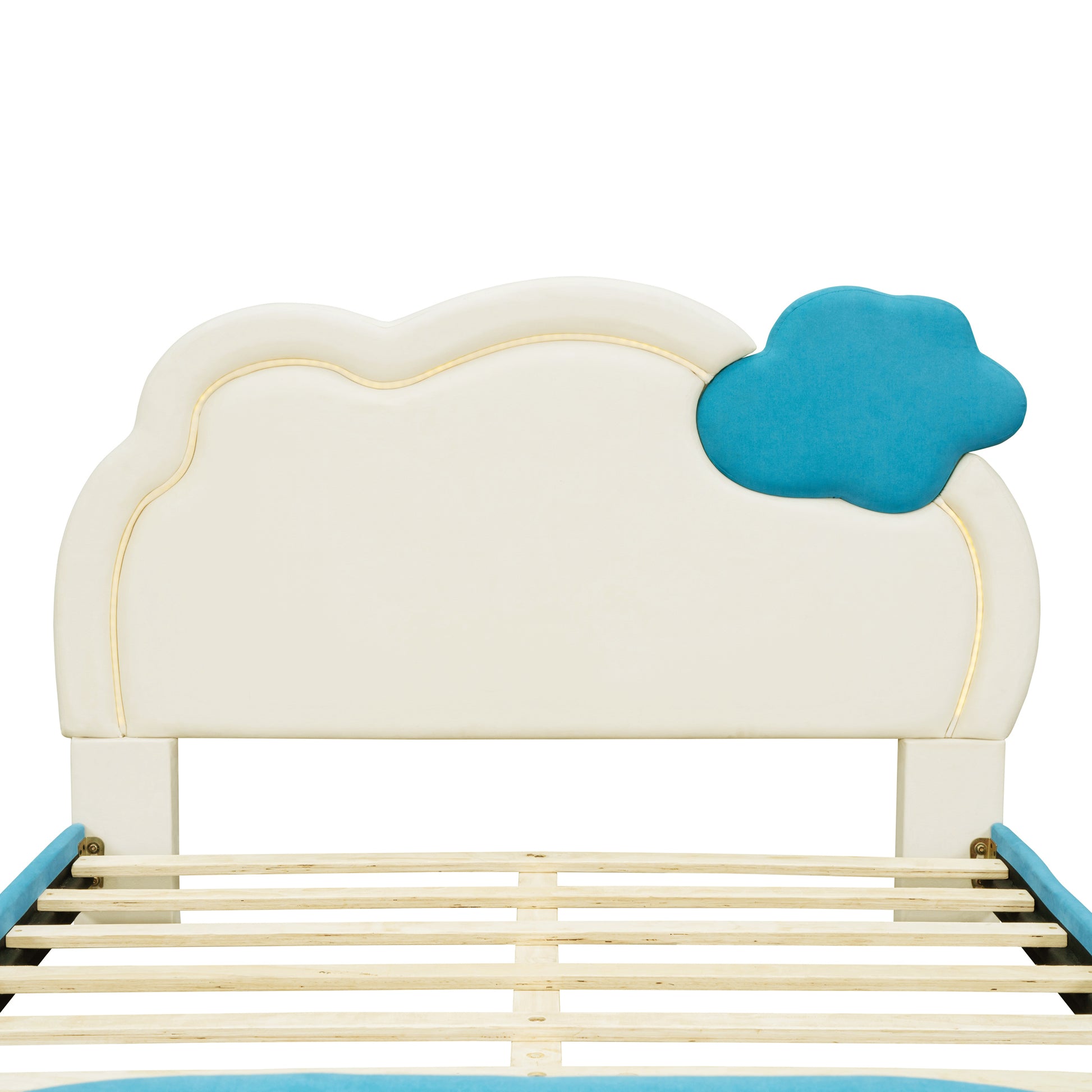 Full Size Upholstered Platform Bed With Cloud Shaped Headboard And Embedded Light Stripe, Velvet, Blue Blue Velvet