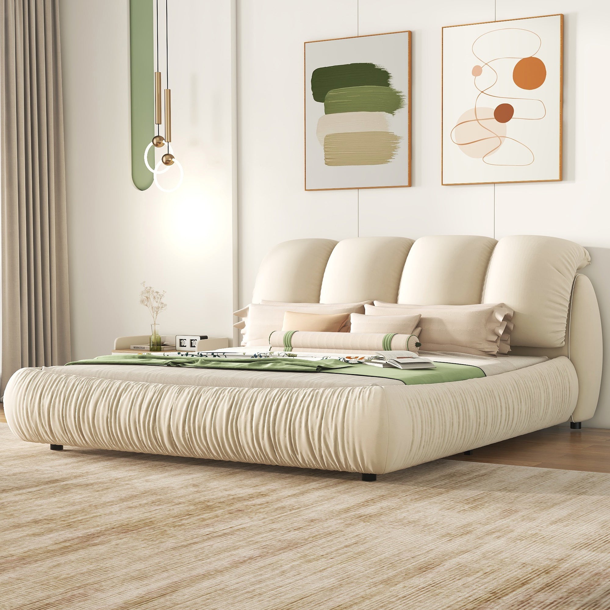 King Size Luxury Upholstered Bed With Thick Headboard, Velvet King Bed With Oversized Padded Backrest, Beige Expect Arrive Date 2024 3 12 King Beige Velvet