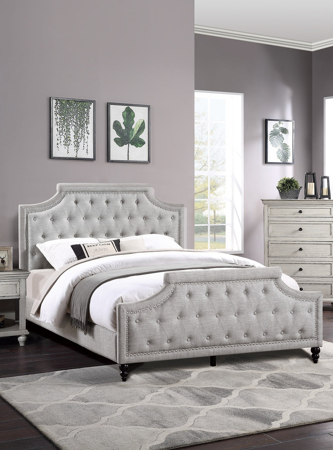 Grey Polyfiber American Traditional 1Pcs Full Size Bed Only Button Tufted Headboard Footboard Bedroom Furniture Box Spring Not Required Full Grey Wood Bedroom American Design,Contemporary,Modern Bed Frame Fabric