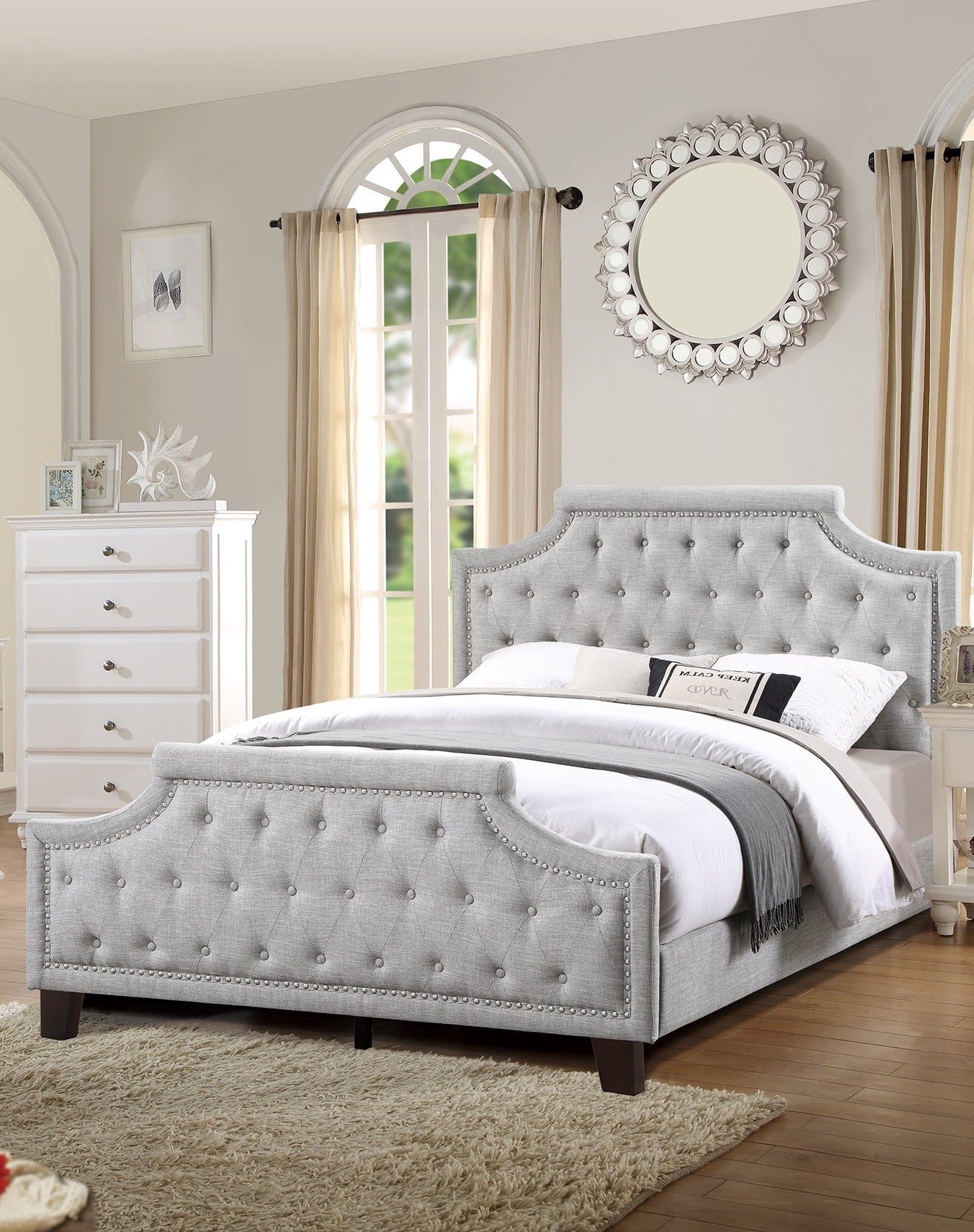 Grey Polyfiber American Traditional 1Pcs Full Size Bed Only Button Tufted Headboard Footboard Bedroom Furniture Box Spring Not Required Full Grey Wood Bedroom American Design,Contemporary,Modern Bed Frame Fabric