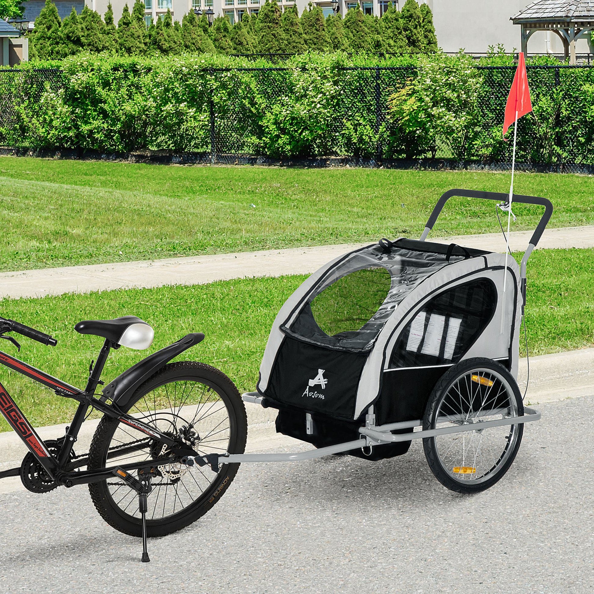 Elite Three Wheel Bike Trailer For Kids Bicycle Cart For Two Children With 2 Security Harnesses & Storage, White Black Aluminium