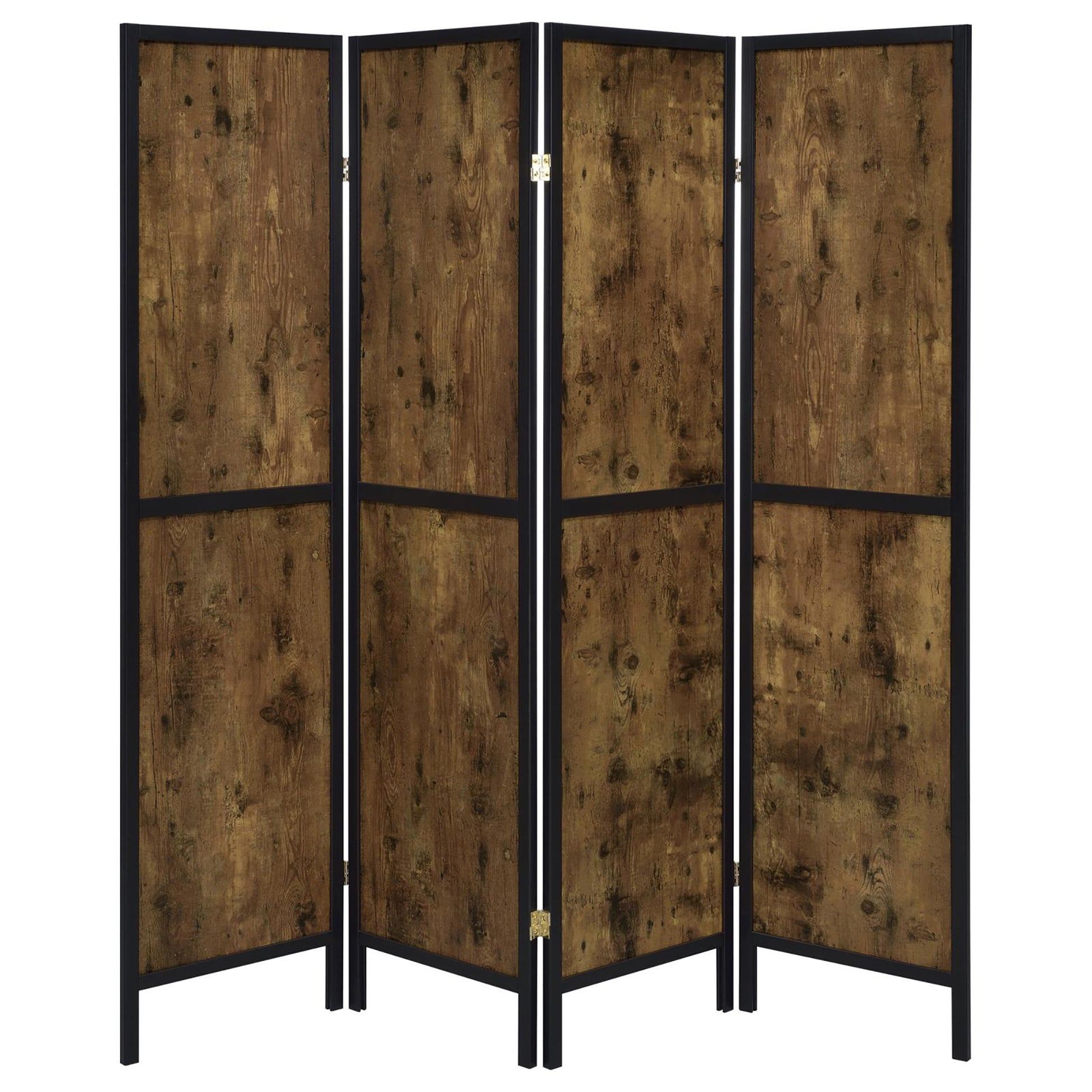 Antique Nutmeg And Black 4 Panel Folding Screen Brown Farmhouse,Rustic Wood