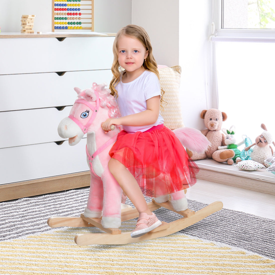 Kids Ride On Rocking Horse Toddler Plush Toy With Realistic Sounds And Swinging Tail For 3 Years Old Children Pink Wood