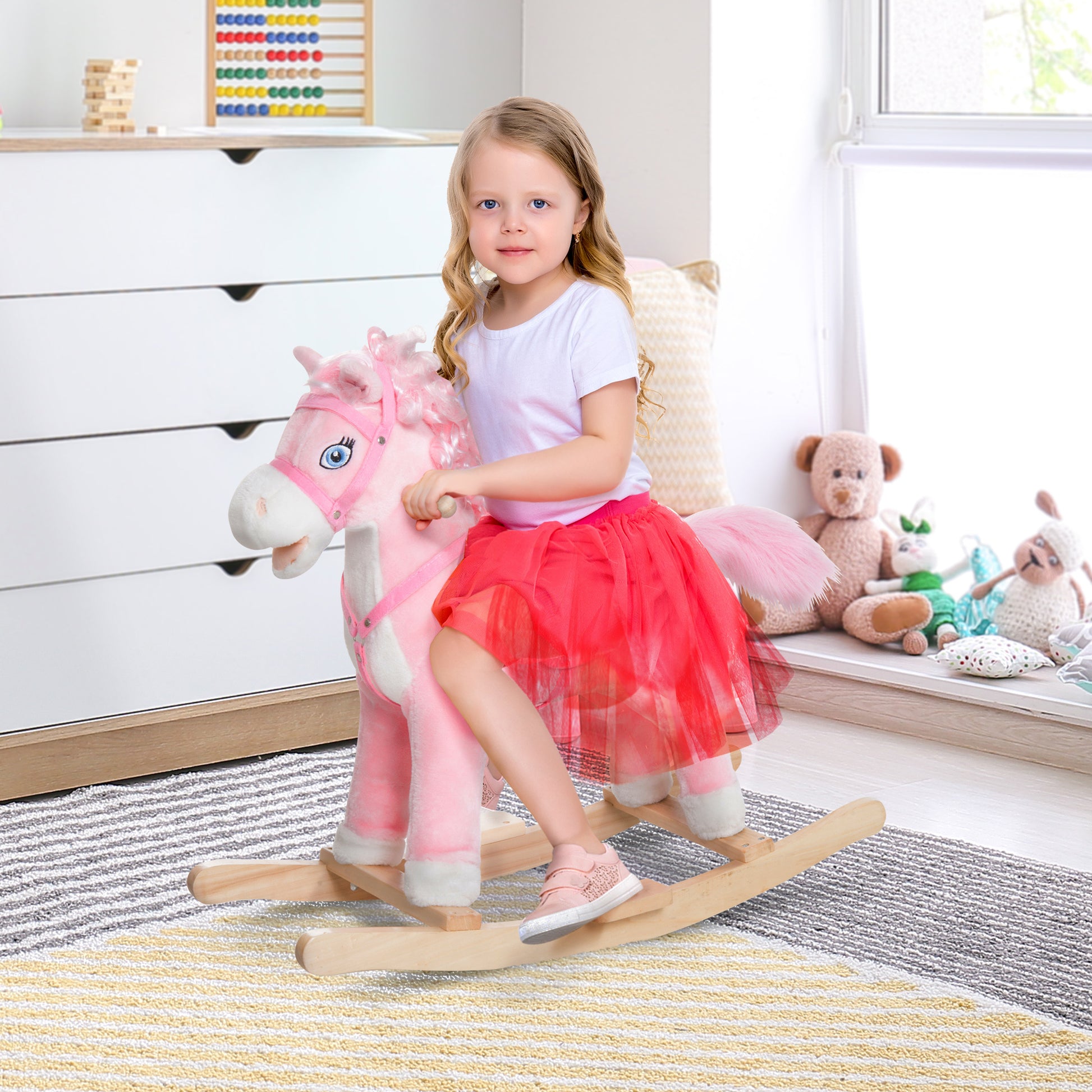 Kids Ride On Rocking Horse Toddler Plush Toy With Realistic Sounds And Swinging Tail For 3 Years Old Children Pink Wood