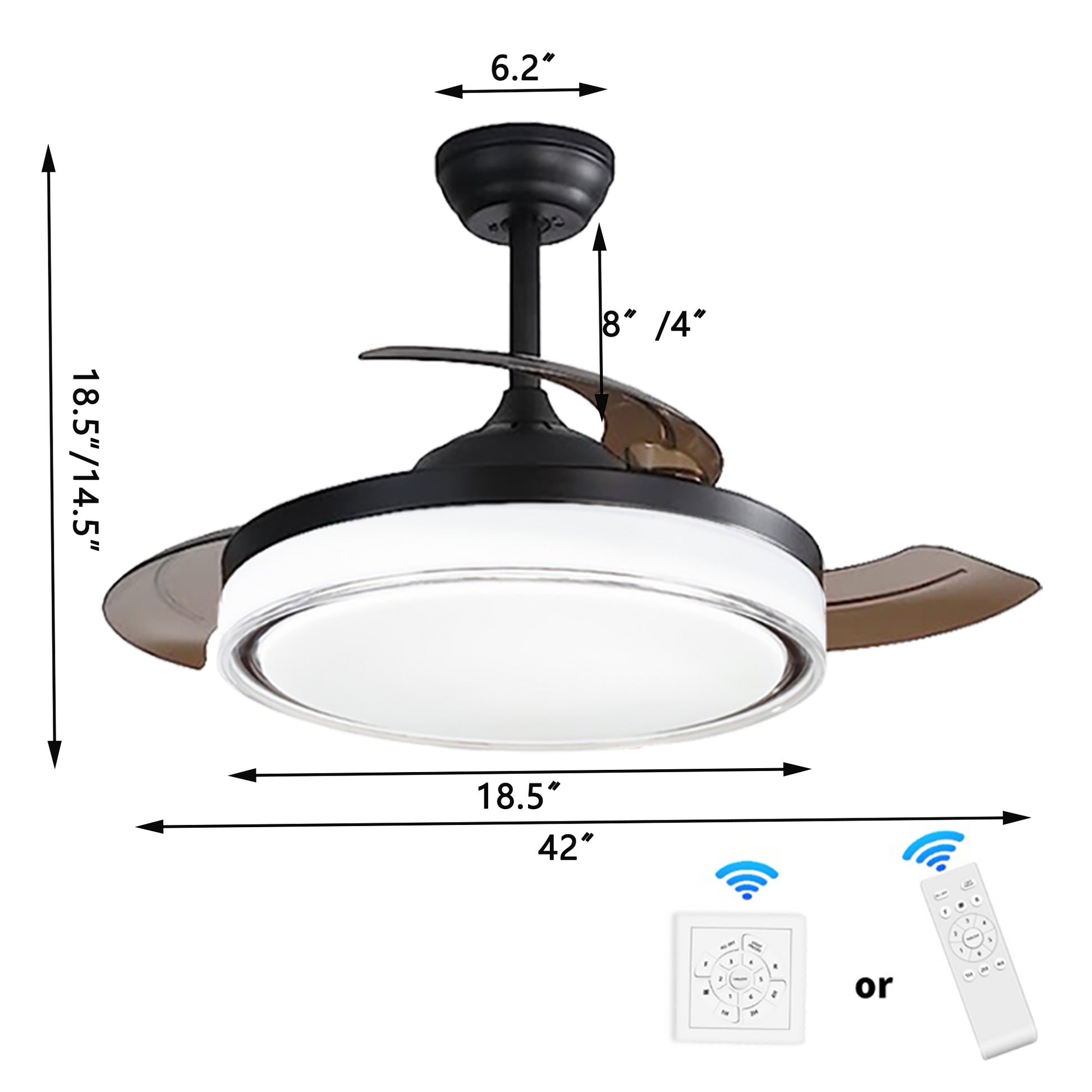 42 Inch Retractable Ceiling Fans With Lights Remote Control,Fandelier Flush Mount Modern Ceiling Fan With Bladeless Ceiling Fan,Led Light,Silent Fan Noiseless Dc Motor Black White Abs Steel Q235