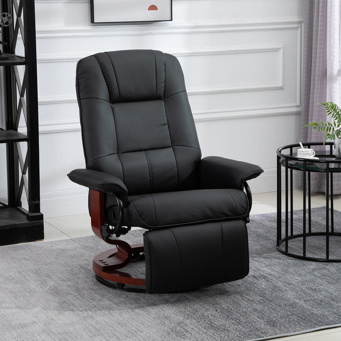 Faux Leather Manual Recliner, Adjustable Swivel Lounge Chair With Footrest, Armrest And Wrapped Wood Base For Living Room, Black Black Pu Leather