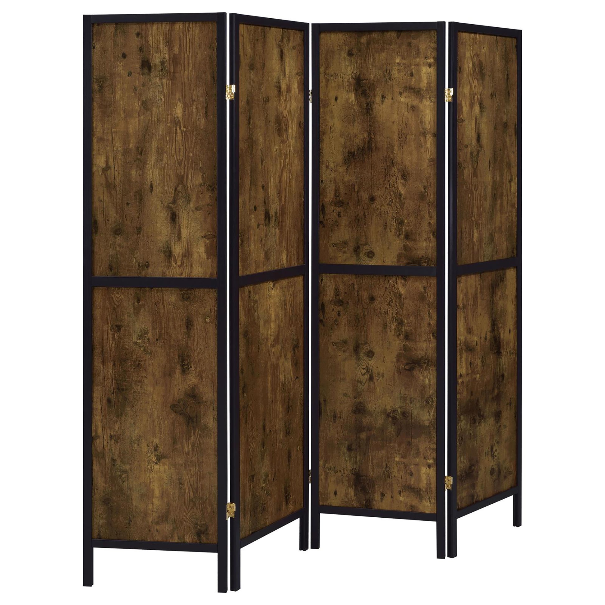 Antique Nutmeg And Black 4 Panel Folding Screen Brown Farmhouse,Rustic Wood