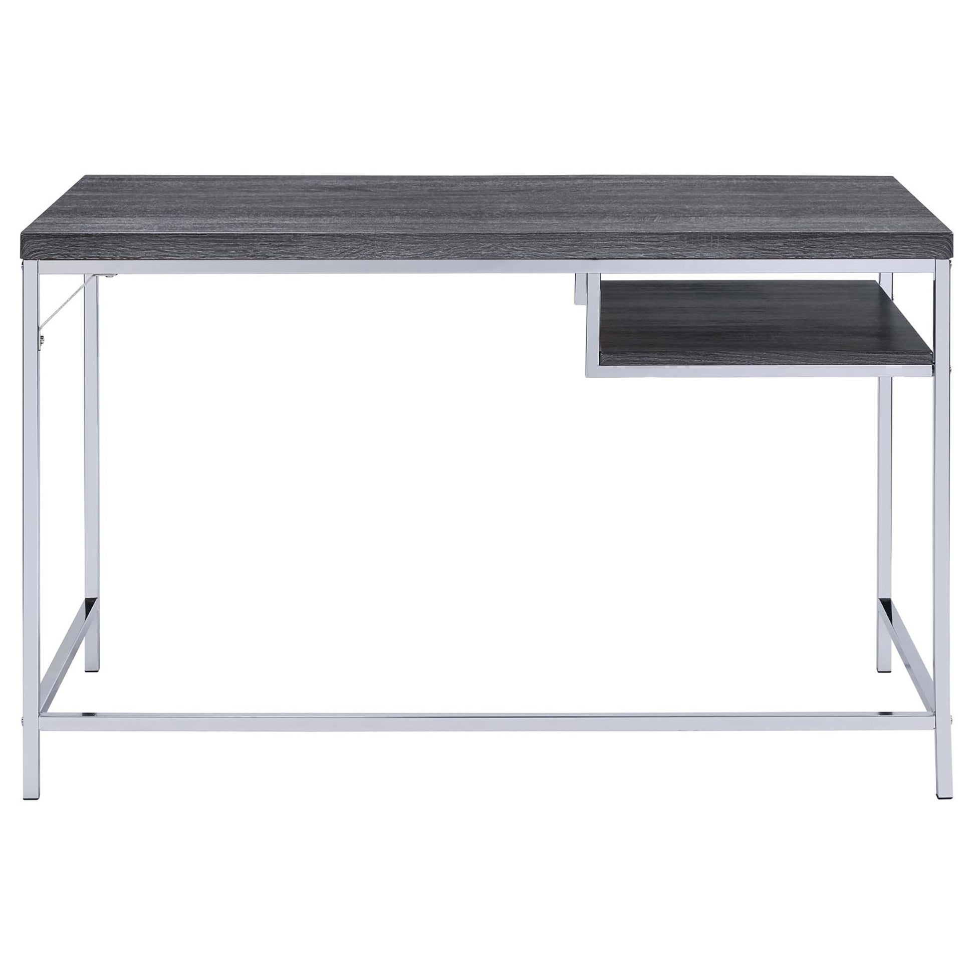 Weathered Grey And Chrome Rectangular Writing Desk Grey Gray Writting Desk Office Contemporary,Modern Tabeltop Rectangular Open Storage Desk Polished Metal Parsons