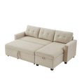 Upholstered Pull Out Sectional Sofa With Storage Chaise, Convertible Corner Couch, Beige Beige Wood Medium Soft Pillow Back Modern Square Arms Linen 3 Seat