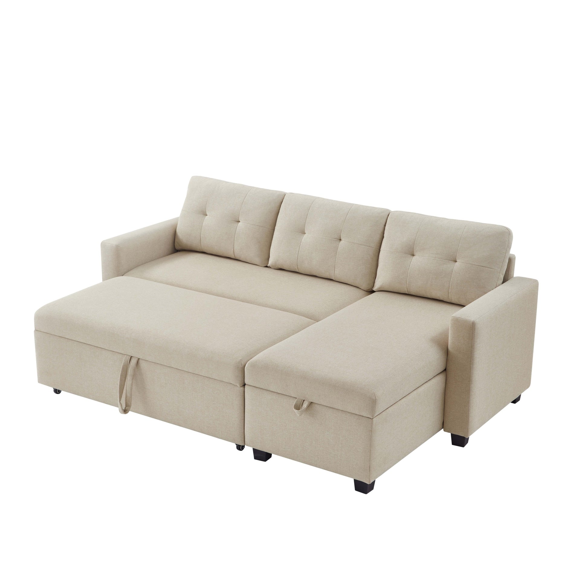 Upholstered Pull Out Sectional Sofa With Storage Chaise, Convertible Corner Couch, Beige Beige Wood Medium Soft Pillow Back Modern Square Arms Linen 3 Seat