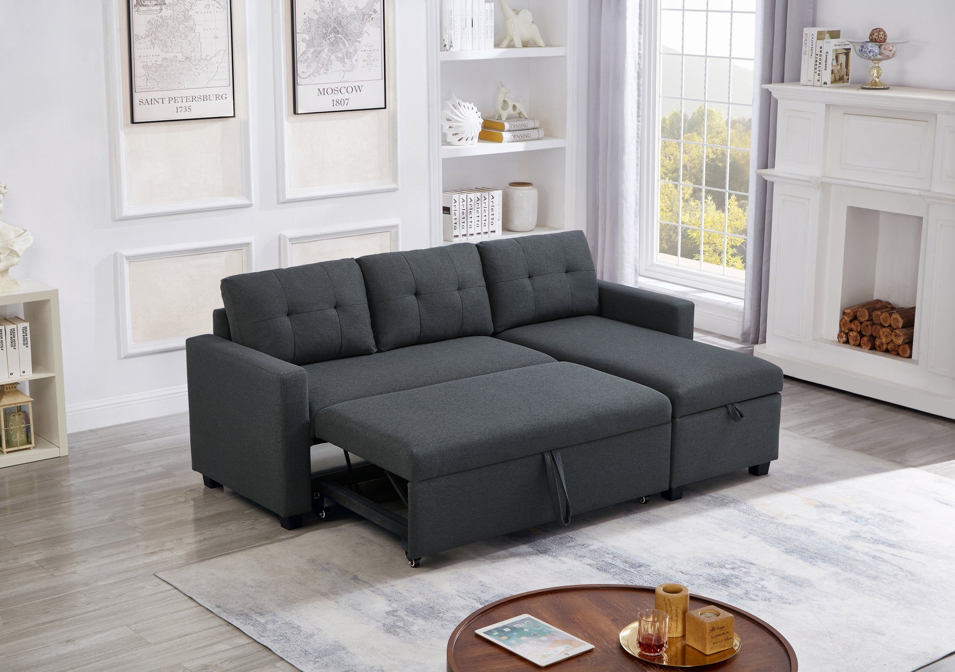 Upholstered Pull Out Sectional Sofa With Storage Chaise, Convertible Corner Couch, Dark Grey Dark Grey Wood Medium Soft Pillow Back Modern Square Arms Linen 3 Seat