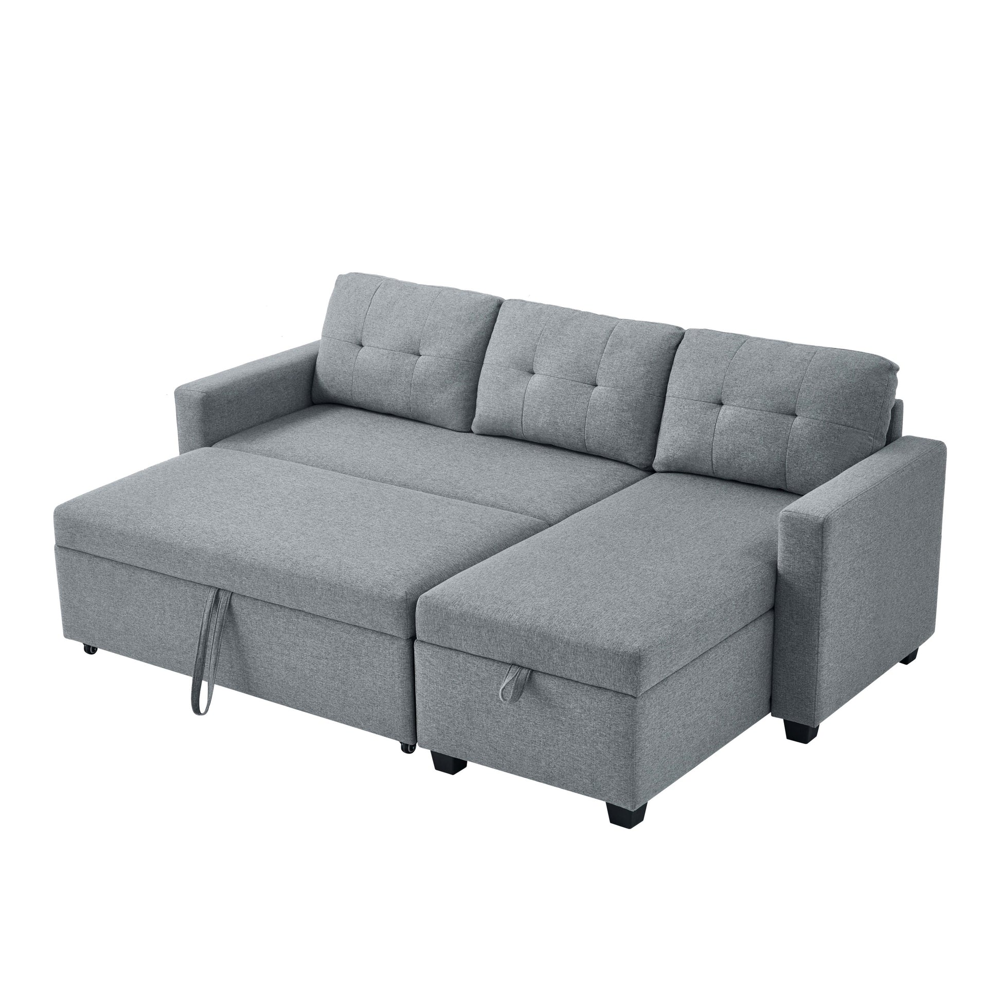 Upholstered Pull Out Sectional Sofa With Storage Chaise, Convertible Corner Couch, Light Grey Light Grey Wood Medium Soft Pillow Back Modern Square Arms Linen 3 Seat