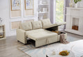 Upholstered Pull Out Sectional Sofa With Storage Chaise, Convertible Corner Couch, Beige Beige Wood Medium Soft Pillow Back Modern Square Arms Linen 3 Seat