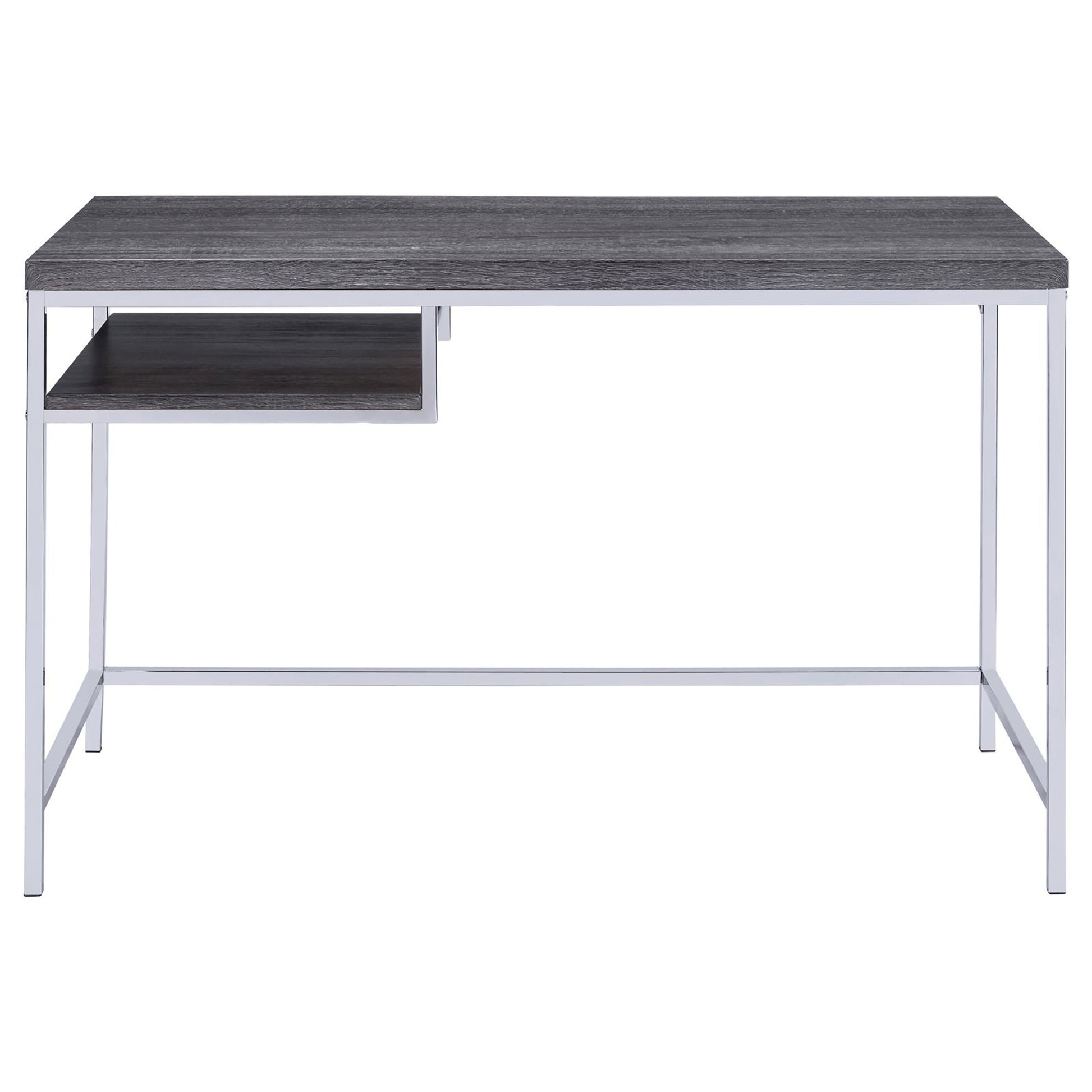 Weathered Grey And Chrome Rectangular Writing Desk Grey Gray Writting Desk Office Contemporary,Modern Tabeltop Rectangular Open Storage Desk Polished Metal Parsons