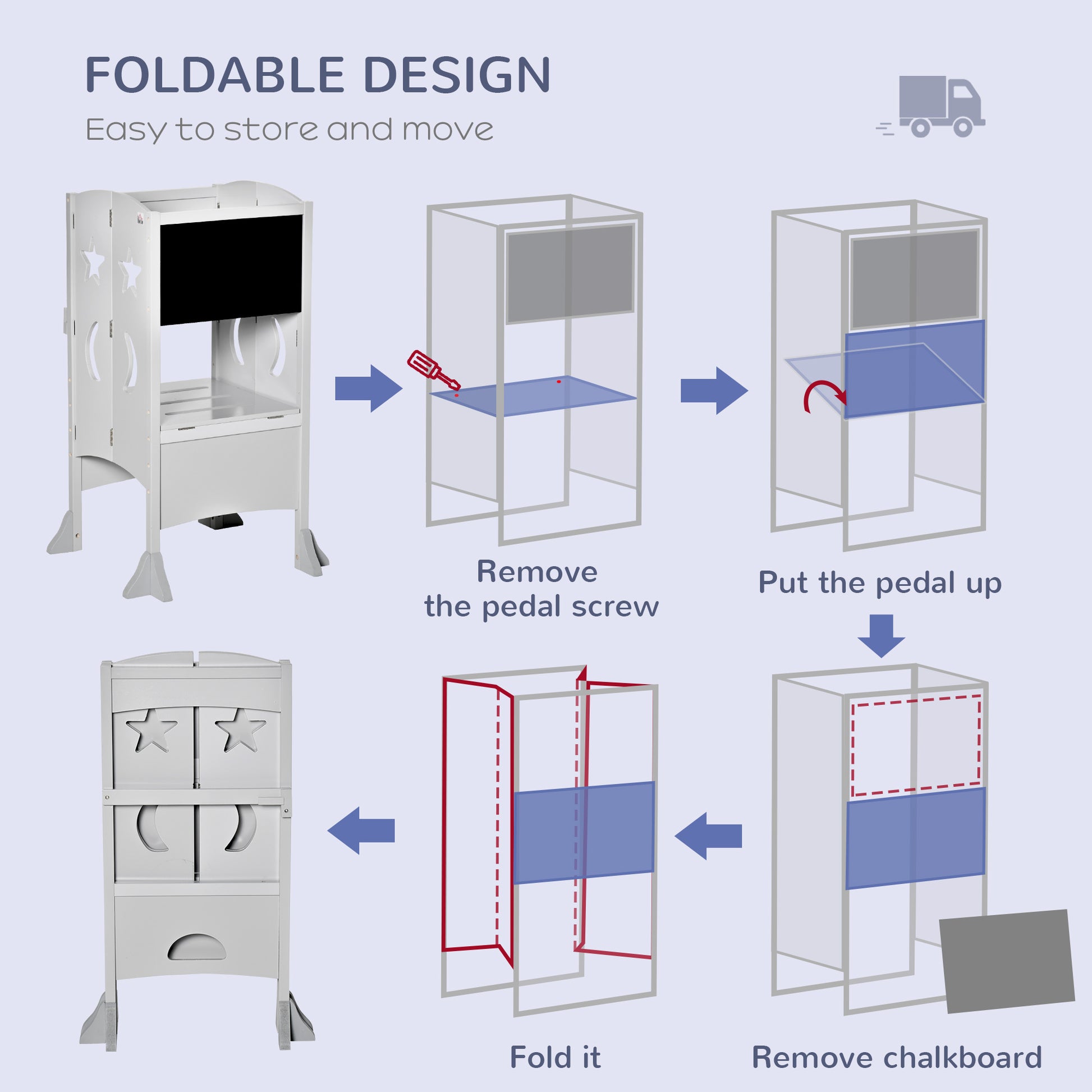 Kids Kitchen Step Stool Foldable Child Standing Tower With Chalkboard. Lockable Handrail For Children 3 6 Years Old, Grey Gray Mdf