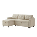 Upholstered Pull Out Sectional Sofa With Storage Chaise, Convertible Corner Couch, Beige Beige Wood Medium Soft Pillow Back Modern Square Arms Linen 3 Seat