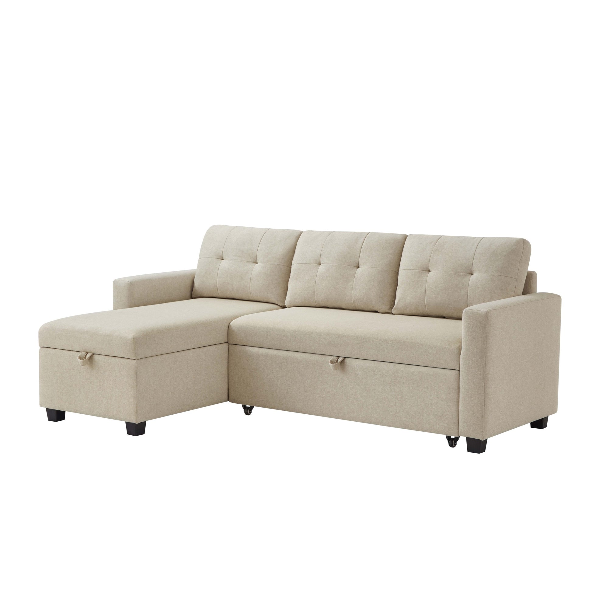 Upholstered Pull Out Sectional Sofa With Storage Chaise, Convertible Corner Couch, Beige Beige Wood Medium Soft Pillow Back Modern Square Arms Linen 3 Seat