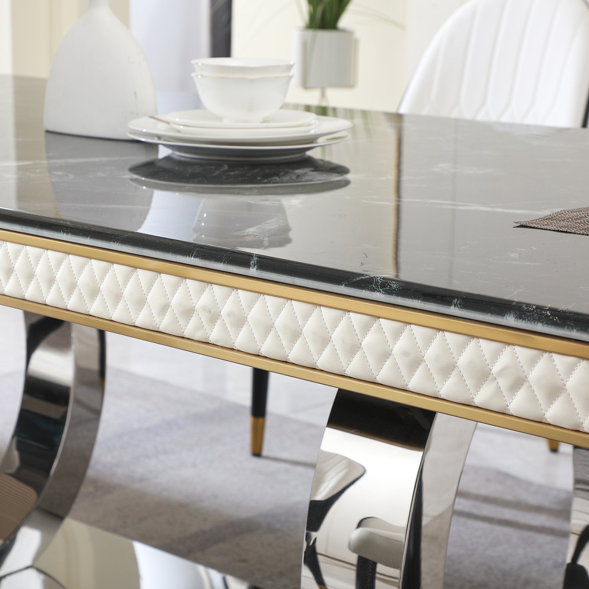 Luxury Modern Dining Table 78.7Inch Black Dining Table With 6 Chairs Faux Marble Dining Table Top With Titanium Plated Dual Circle Base With 6Pcs Chairs . Black Seats 6 Dining Room American Design Square Kitchen & Dining Tables Glossy Rectangular