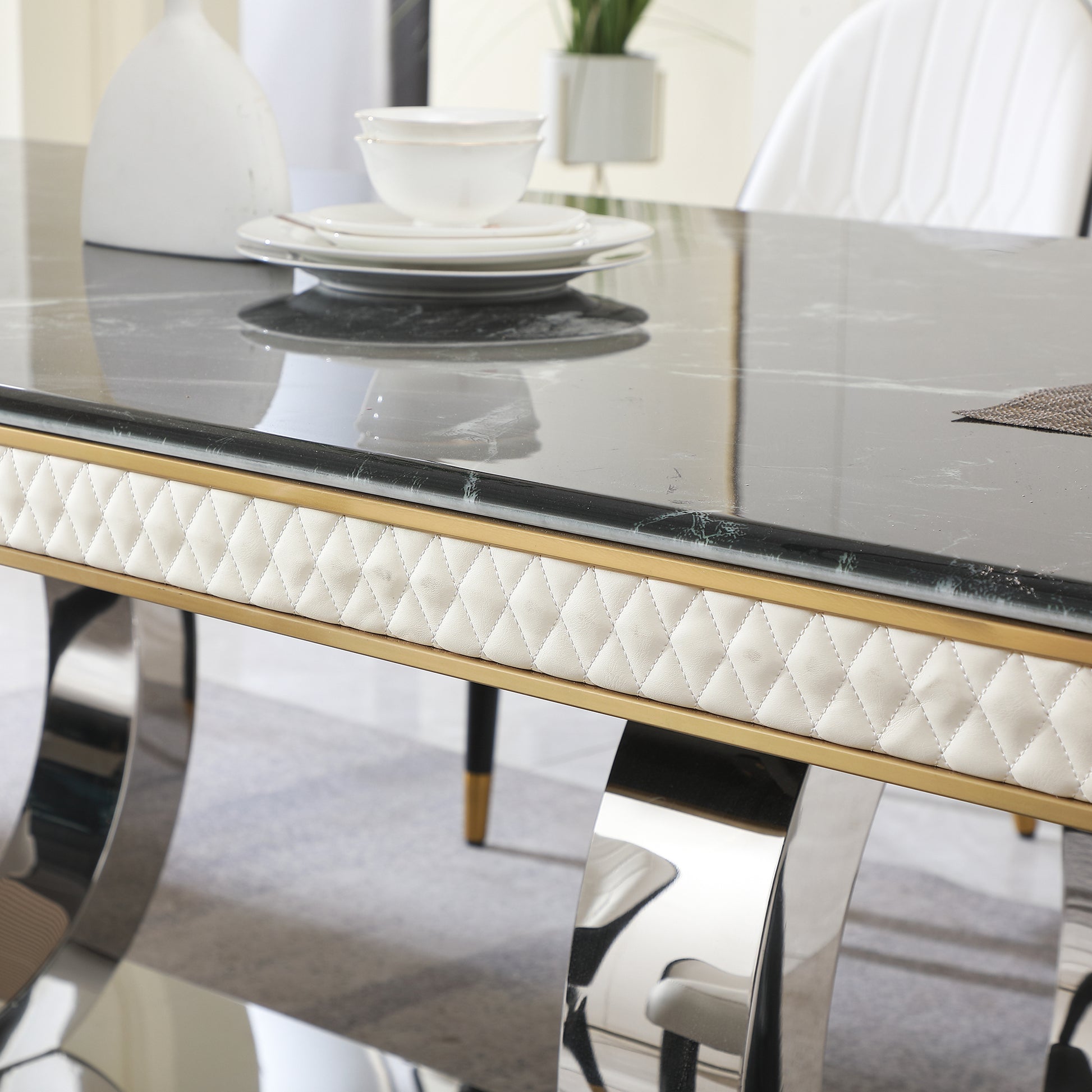 Luxury Modern Dining Table 78.7Inch Black Dining Table With 8 Chairs Faux Marble Dining Table Top With Titanium Plated Dual Circle Base With 8Pcs Chairs . Black Artificial Marble