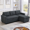 Upholstered Pull Out Sectional Sofa With Storage Chaise, Convertible Corner Couch, Dark Grey Dark Grey Wood Medium Soft Pillow Back Modern Square Arms Linen 3 Seat