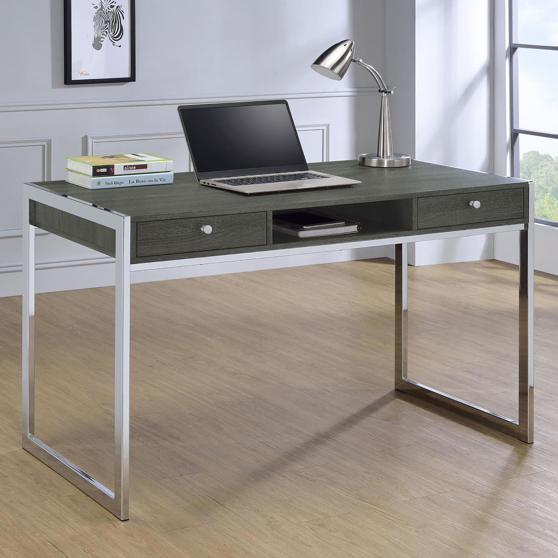 Weathered Grey 2 Drawer Writing Desk Grey Gray Writting Desk Office Contemporary,Modern Rectangular Drawers Desk Polished Wood Sled