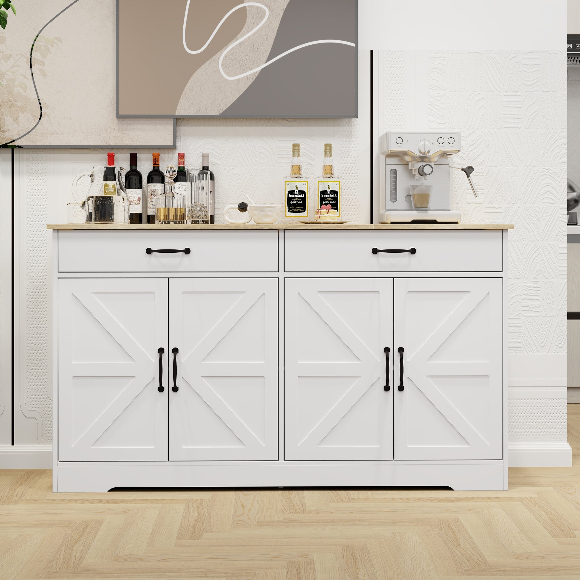 55.91" Large Farmhouse Buffet Cabinet Storage Sideboard With 2 Drawers And 4 Doors For Dining Living Room Kitchen Cupboard White White Mdf