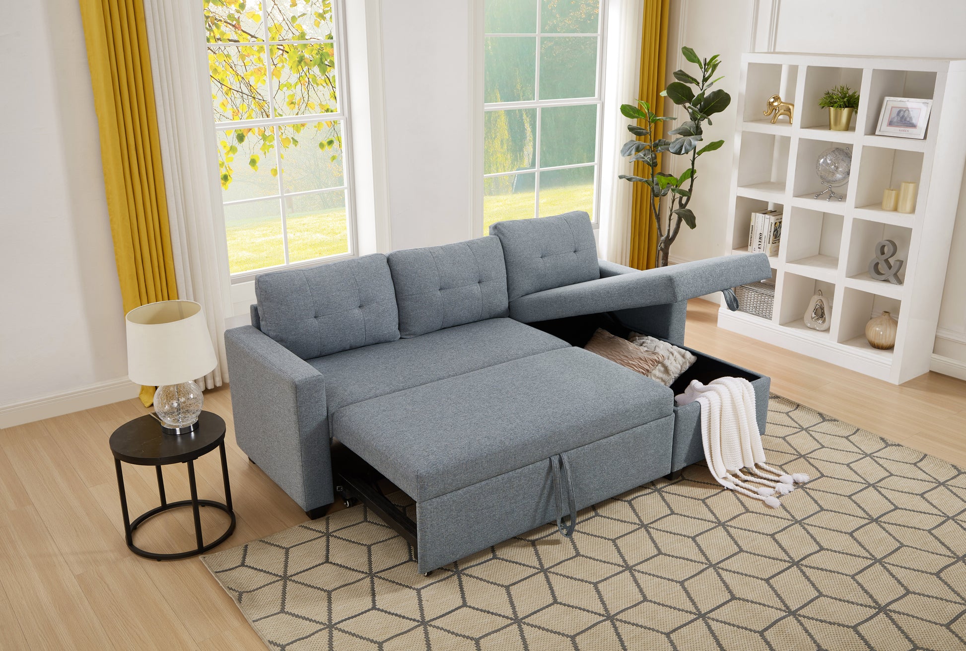 Upholstered Pull Out Sectional Sofa With Storage Chaise, Convertible Corner Couch, Light Grey Light Grey Wood Medium Soft Pillow Back Modern Square Arms Linen 3 Seat