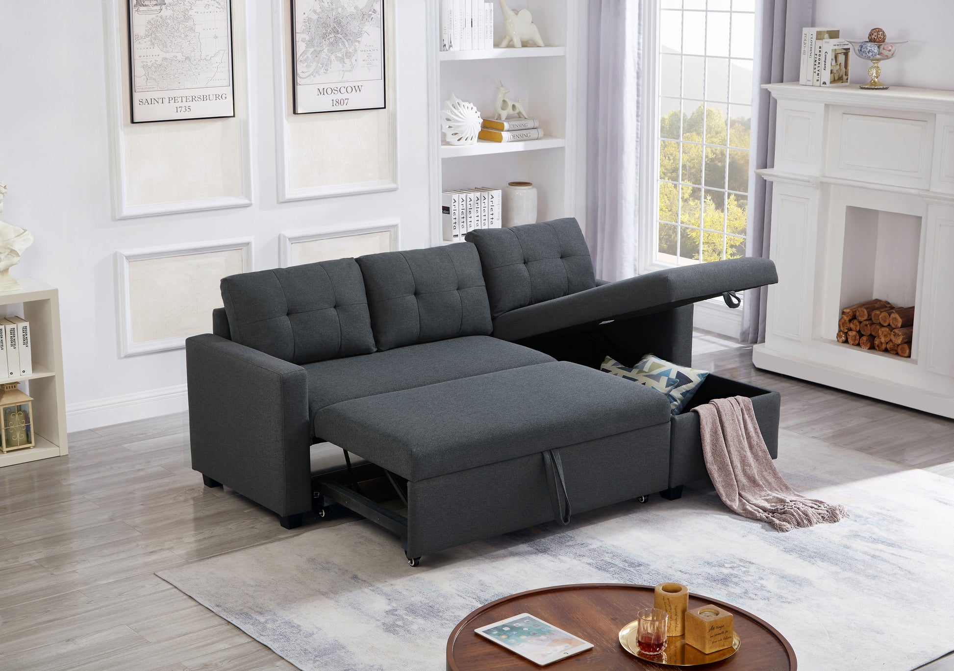 Upholstered Pull Out Sectional Sofa With Storage Chaise, Convertible Corner Couch, Dark Grey Dark Grey Wood Medium Soft Pillow Back Modern Square Arms Linen 3 Seat