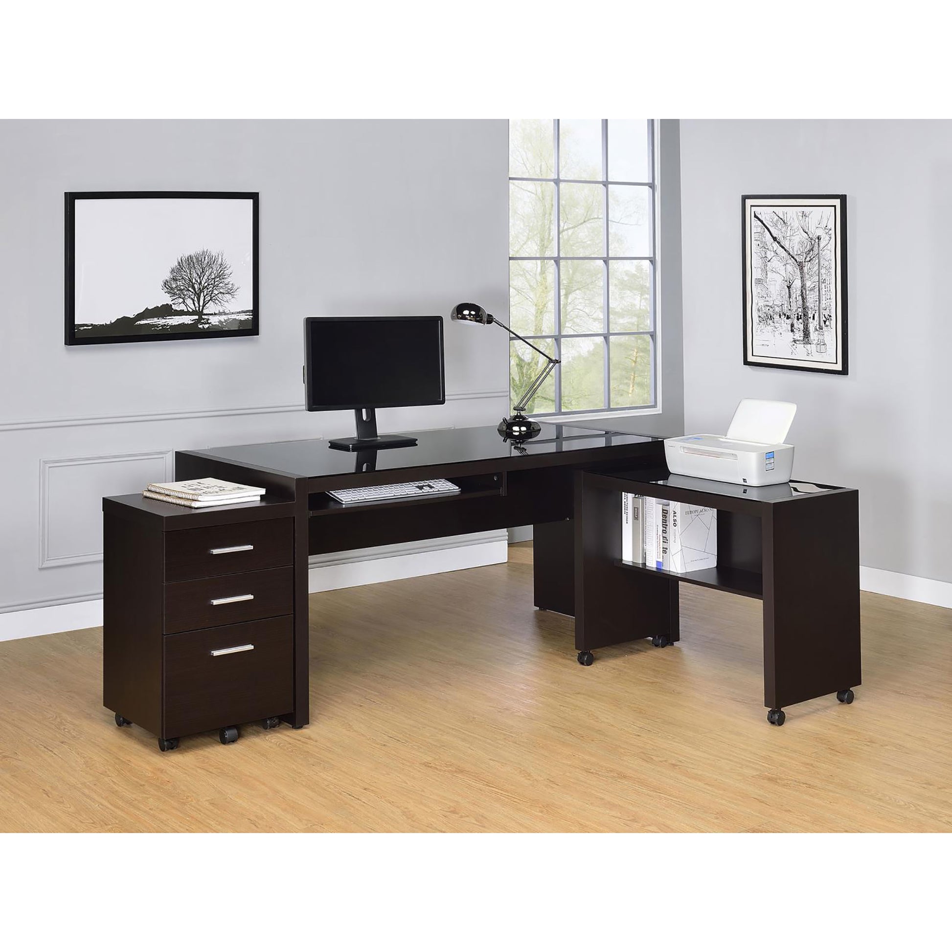 Cappuccino And Black Mobile Return With Caster Brown Casters Or Wheels Writting Desk Office Transitional Rectangular Open Storage Desk Wood