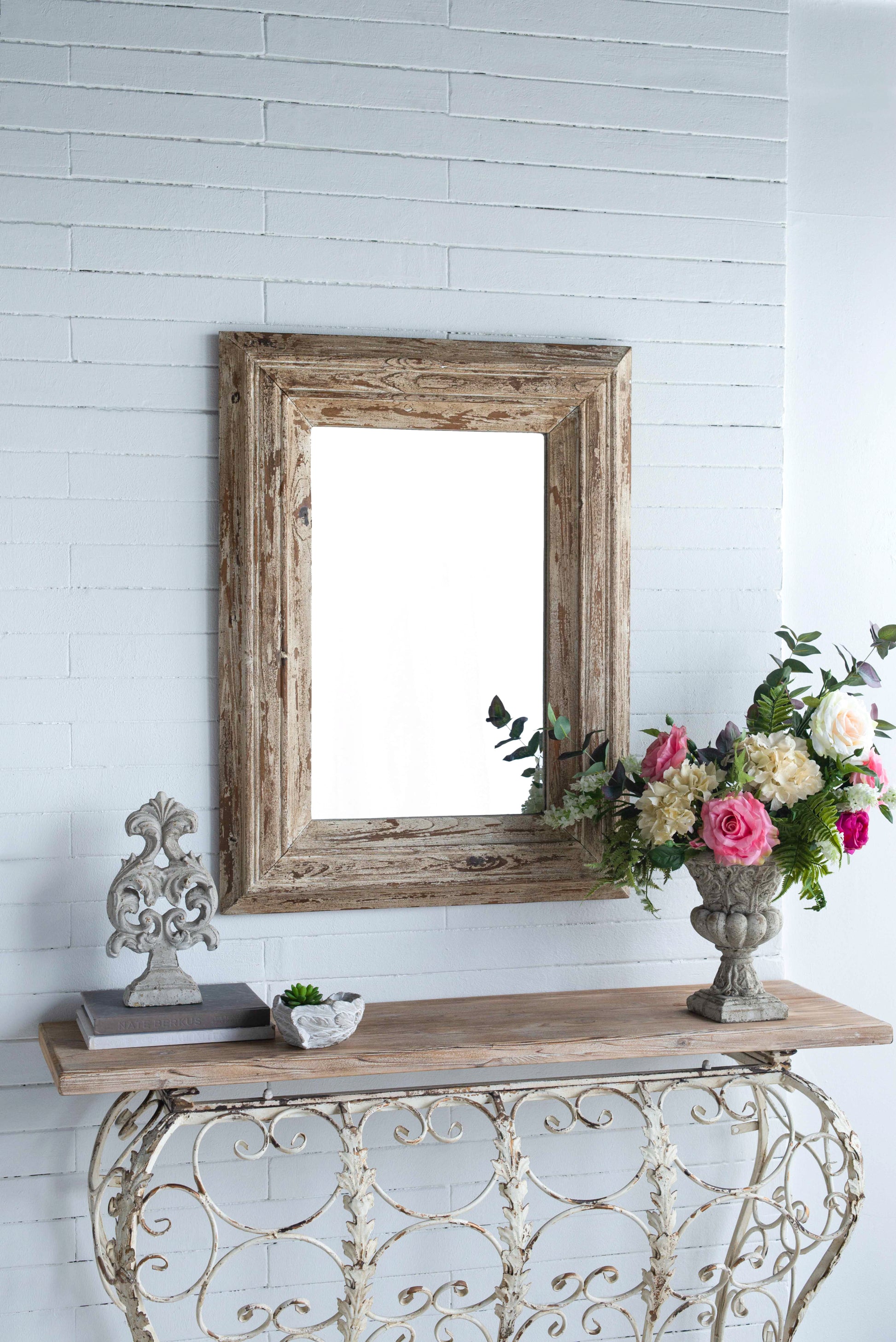 30X2X39" Rectangle Wall Accent Mirror With Distressed Wood Frame Brown Wood