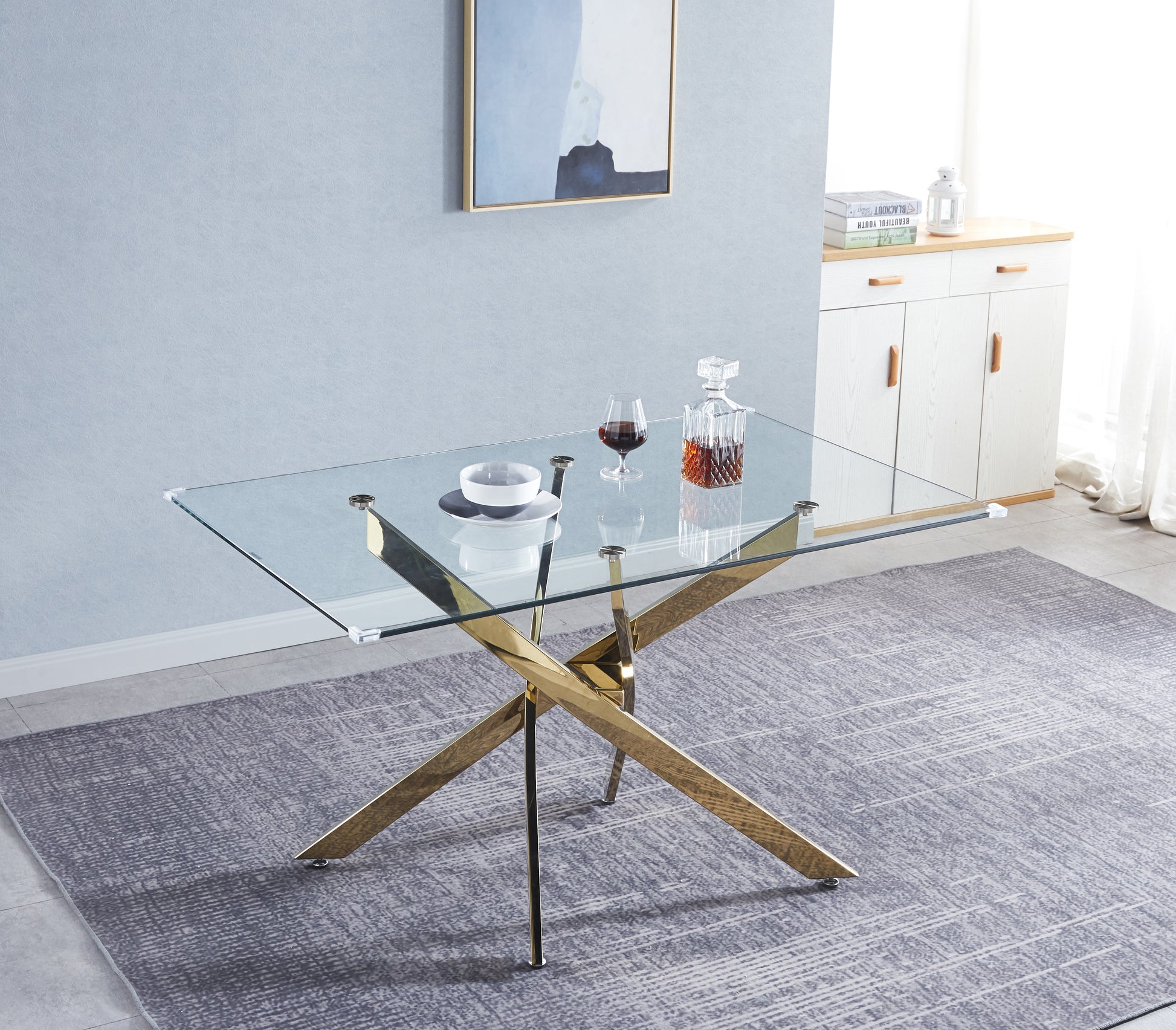 Modern Glass Table For Dining Room Kitchen, 0.39" Thick Tempered Glass Top, Chrome Stainless Steel Base Gold Glass