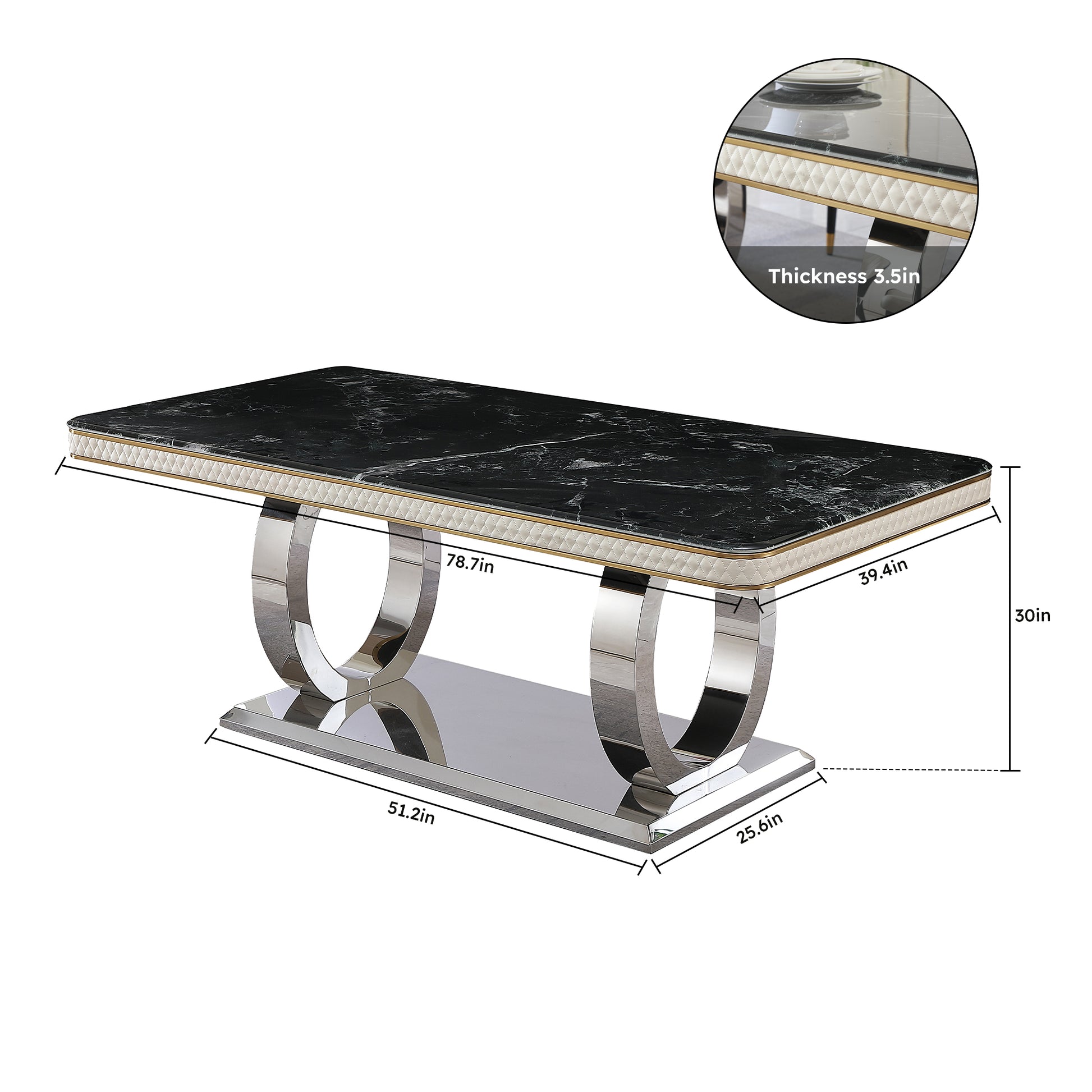 Luxury Modern Dining Table 78.7Inch Black Dining Table With 8 Chairs Faux Marble Dining Table Top With Dual Circle Base Dining Table Only Black Artificial Marble