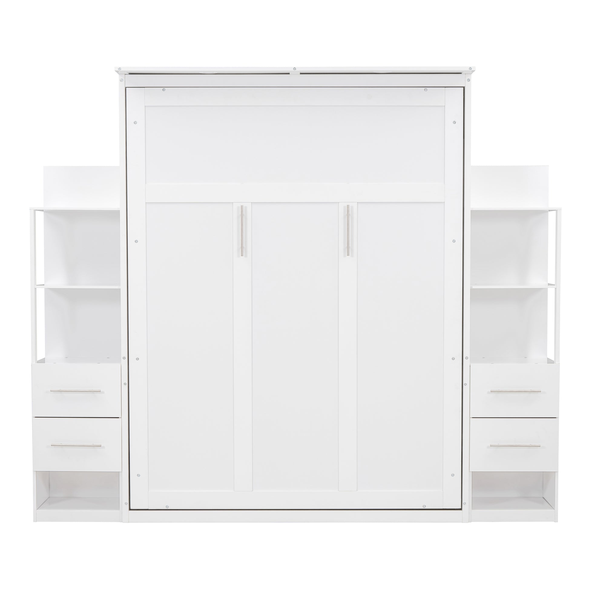 Queen Size Murphy Bed Wall Bed With Shelves, Drawers And Led Lights,White Queen White Mdf Lvl